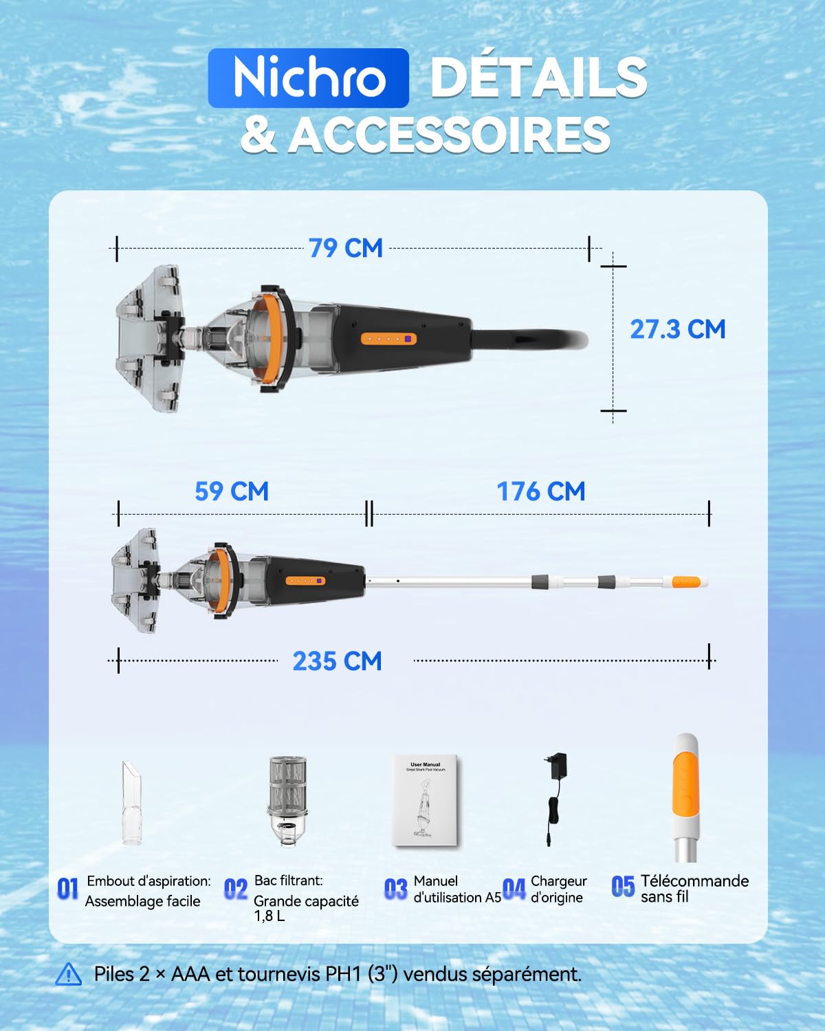 Aspirateur de Piscine sans Fil avec Télécommande sans Fil, Aspirateur Piscine Hors Sol 4200 L/H, 75 Min d'Autonomie, Bac Rigide, Longueur Maximale 235 cm, Adapté aux Piscines et Spas