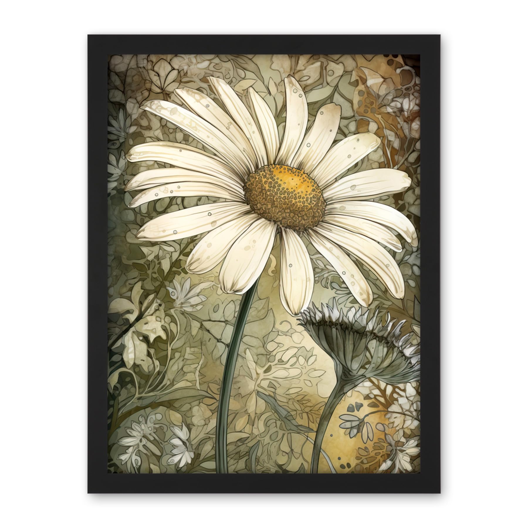 Artery8 Pastel Watercolour Daisy Flower Bloom Illustration Artwork Framed Wall Art Print 18X24 Inch
