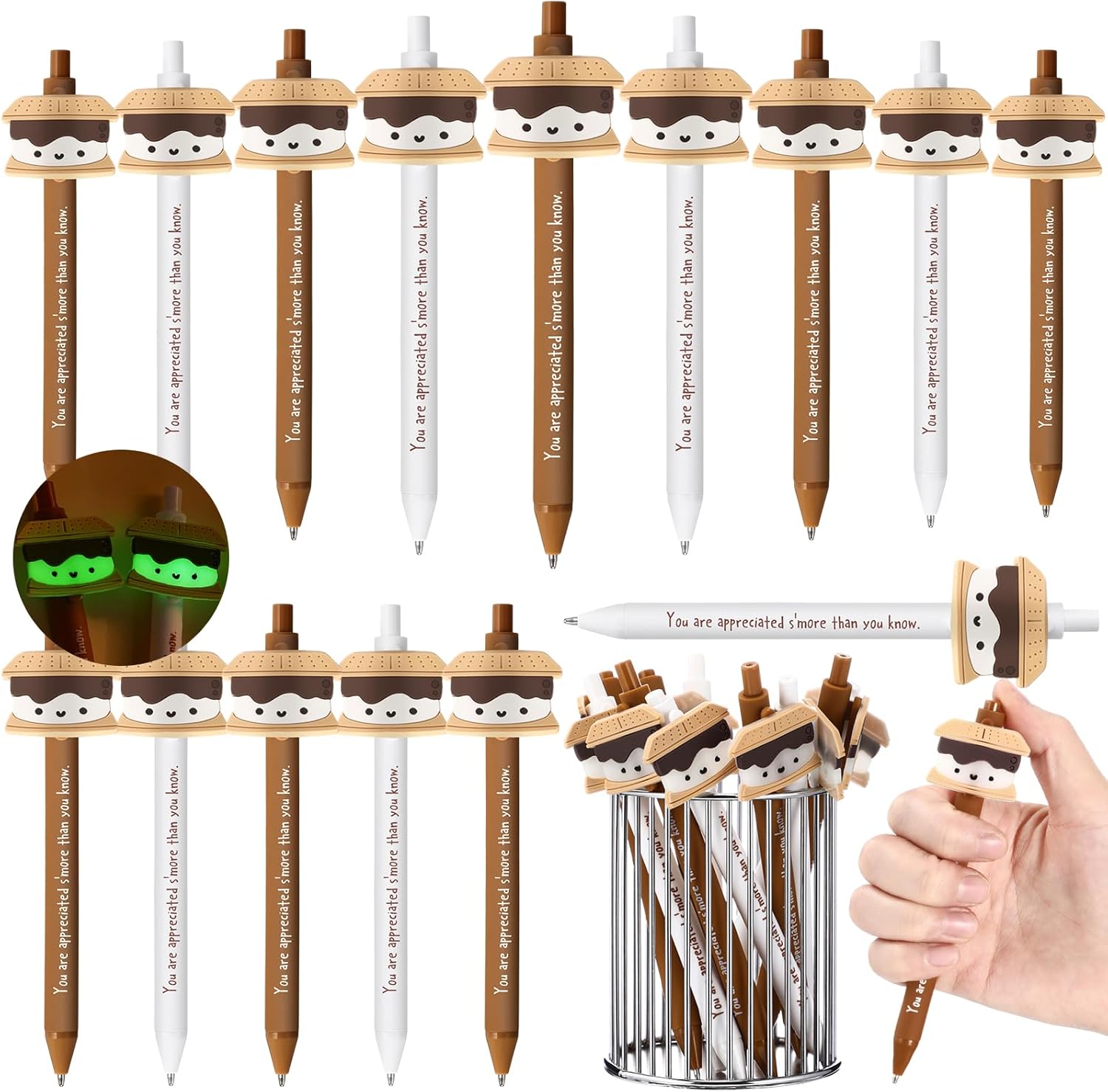 MotiMind 50 Pcs S'more Marshmallow Appreciation Gifts Bulk Luminous Marshmallow Pens Positive Emotional S'more Pens Thank You Gifts Bulk for Teacher Nurse Employee Coworker Office Staff Team