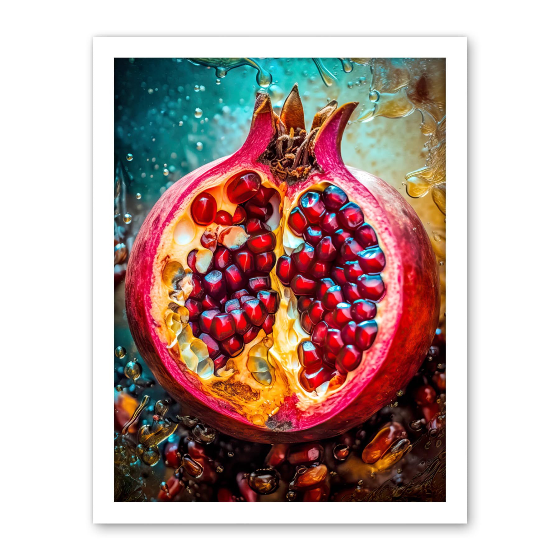 Artery8 Sliced Pomegranate Fruit Photorealistic Painting Artwork Framed Wall Art Print 18X24 Inch
