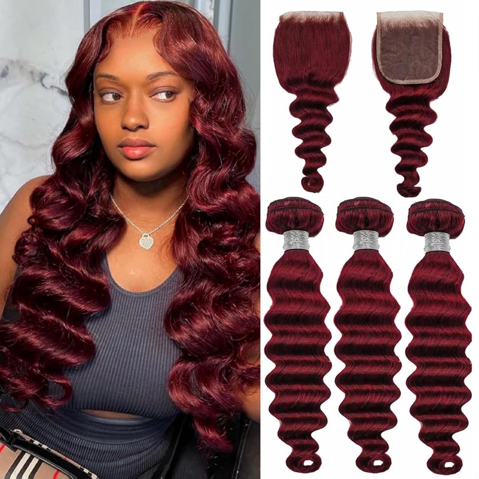 Loose Deep Wave Bundles with Closure, 99J Burgundy Bundles with 4x4 Closure 100% Brazilian Remy Hair Loose Wave Red Human Hair with Closure (99j