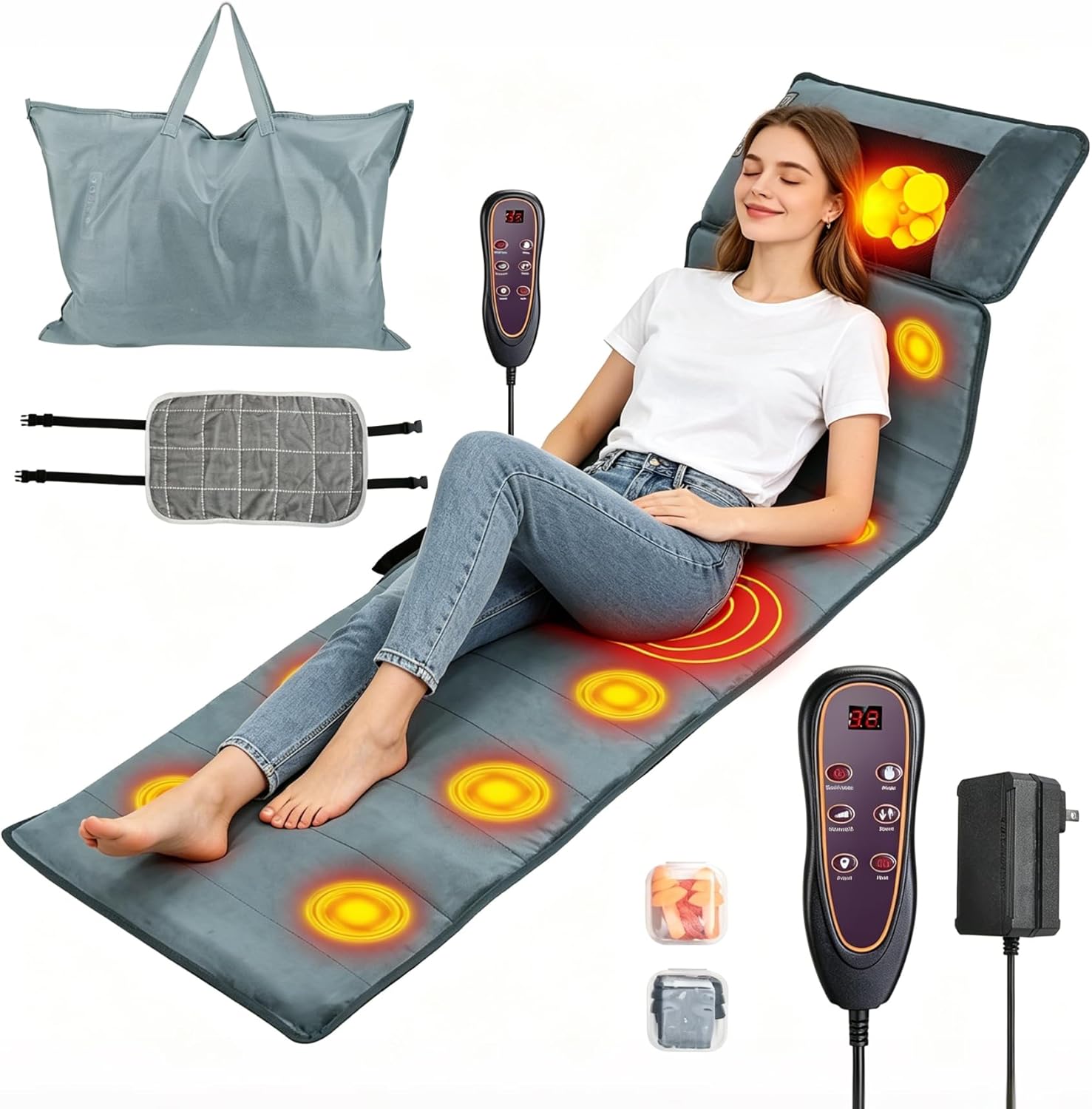 Full Body Massage Mat with Heat, Multifunctional Massage PadNeck Back Massager Full Body Relaxation Seat Chair Pad with 10 Vibration Motors Timer for Indoor Bed Sofa Chair, Anti-Slip Bottom