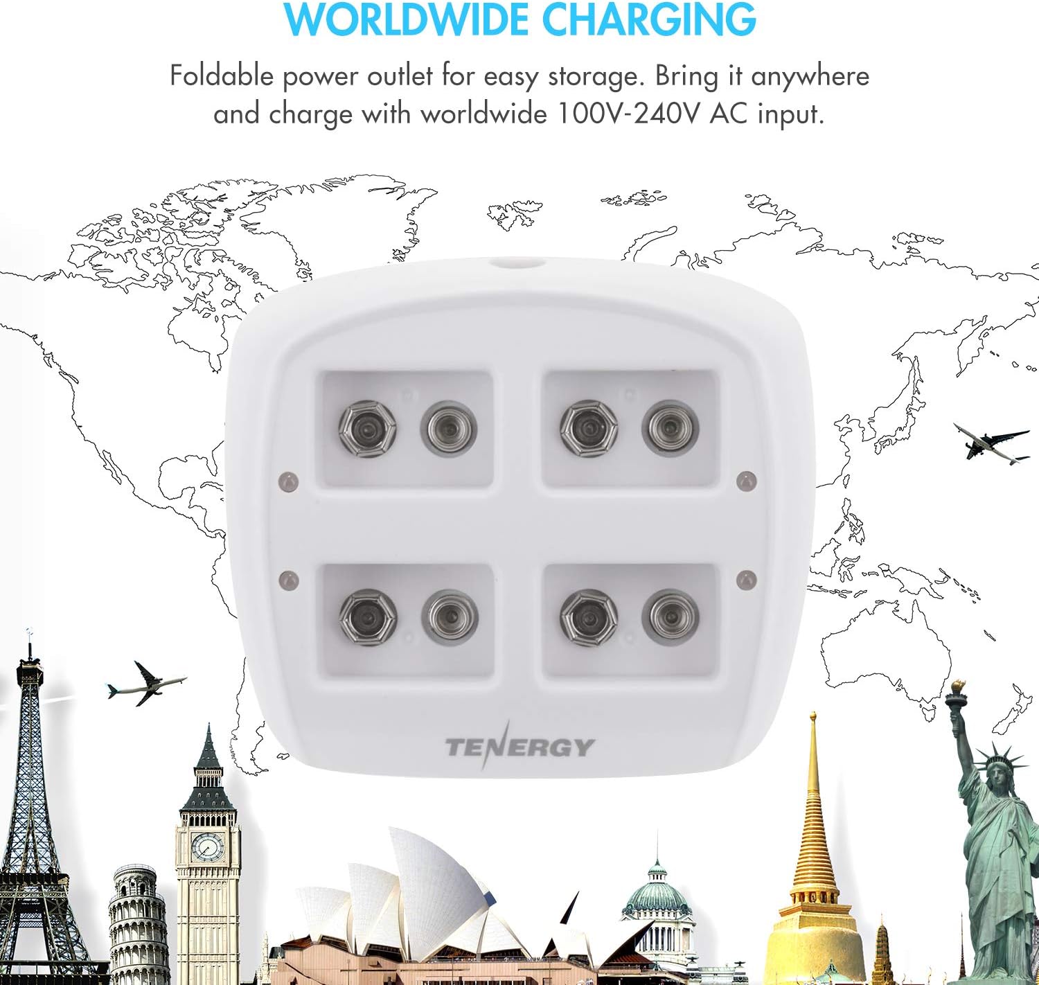 Tenergy TN136 Smart 4 Bay 9V Charger with 4 Pack Tenergy 9V NiMH 250mah Rechargeable Batteries