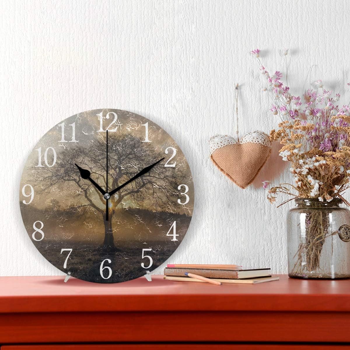 SUABO Tree Wall Clock Arabic Numerals Design Sunrise Tree Round Wall Clock for Living Room Bathroom Home Decorative