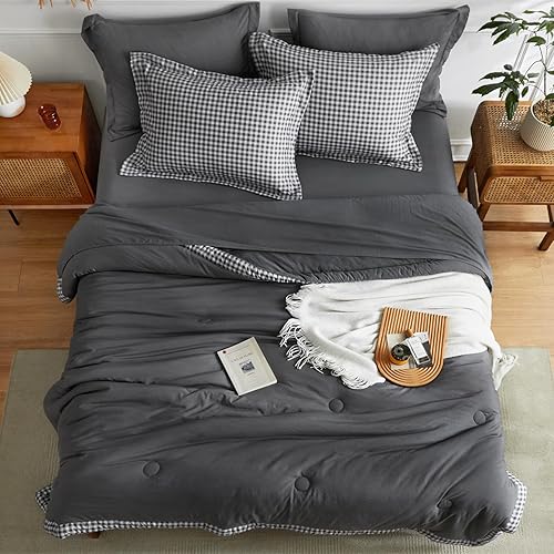 Miniatura 8 de WARMDERN Juego de edredón de cuadros de búfalo tamaño King, juego de edredón ligero y suave tamaño King, juego de ropa de cama de 7 piezas con