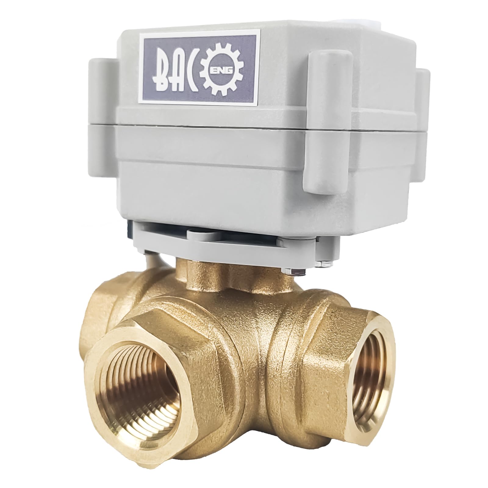BACOENG Motorized Ball Valve, 1/2" Brass 3 Way L Type Auto Return Horizontal Electrical Ball Valve, AC/DC9-24V