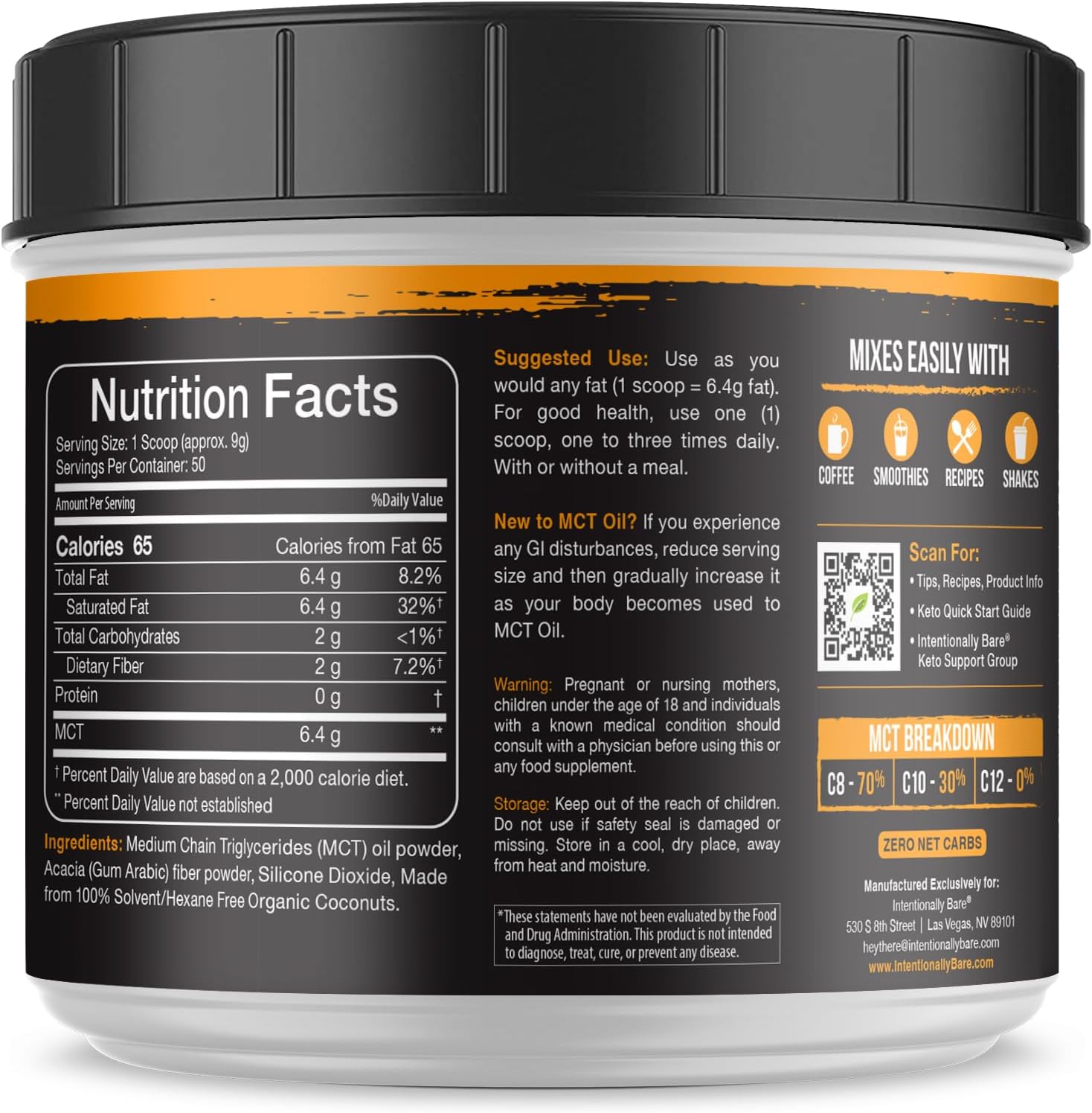 Intentionally Bare MCT Oil Powder - Unflavored Coconut Oil with 70% C8 and 30% C10 - MCT Oil for Clean Energy, Brain Health, Mood and Focus - Coconut C8 for Keto, Paleo and Vegan Pills - 50 Servings