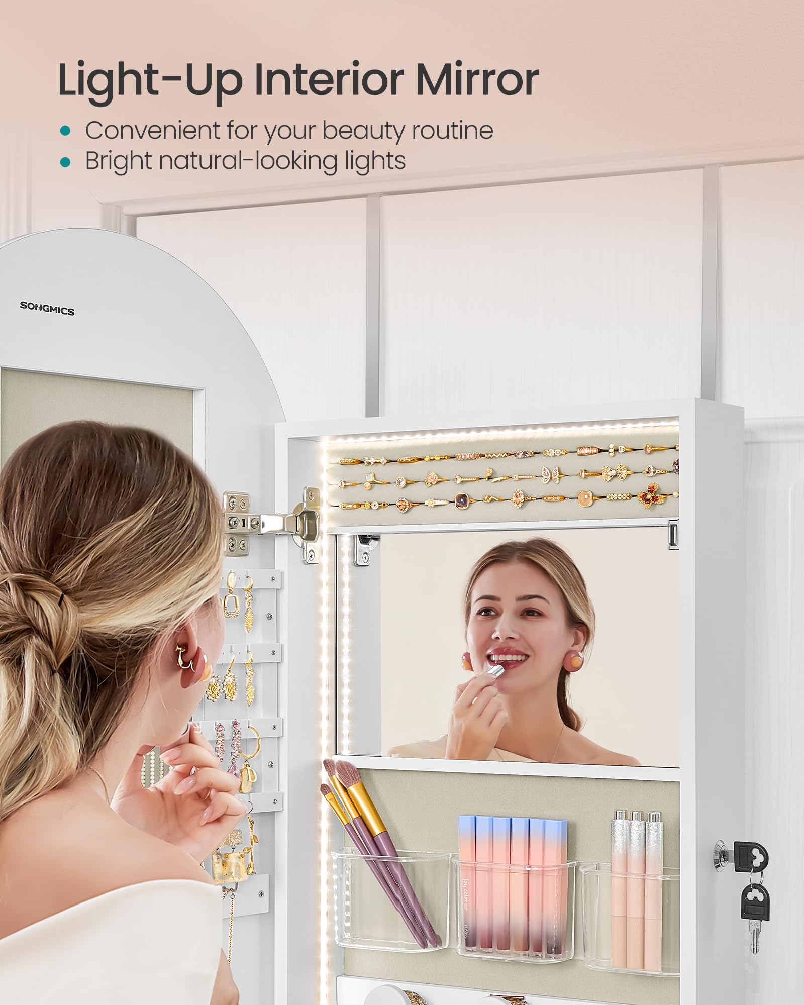 SONGMICS Wide Jewelry Organizer, LED Jewelry Cabinet Wall/Door Mounted, Arched Mirror with Storage, Lockable, Rounded Corner, Interior Mirror, 3.9 x 16.5 x 42.5 Inches, Cloud White UJJC020W01