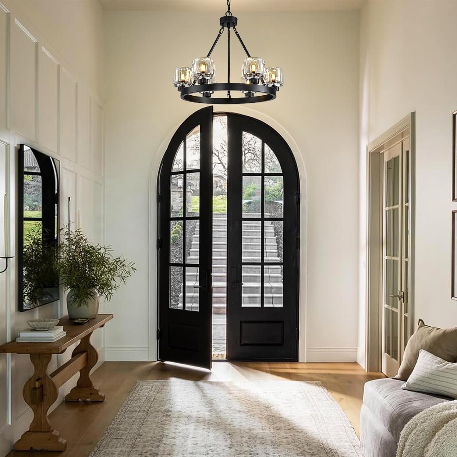 Black Wagon Wheel Chandelier, 24 Inch Black Chandeliers with Unique Glass Shade, 6-Light Crystal Farmhouse Wagon Wheel Chandeliers for Dining Room, Round Chandelier for Living Room, Foyer, Entryway