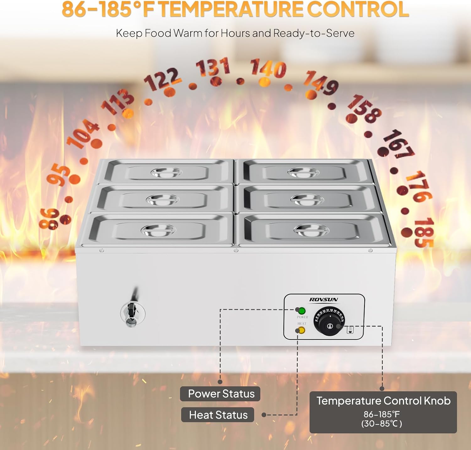 ROVSUN 42.3QT 6-Pan Electric Commercial Food Warmer, 110V Stainless Steel Bain Marie Buffet, 6.9 QT/Pan Stove Steam Table with Temperature Control & Lid for Parties, Catering, Restaurants
