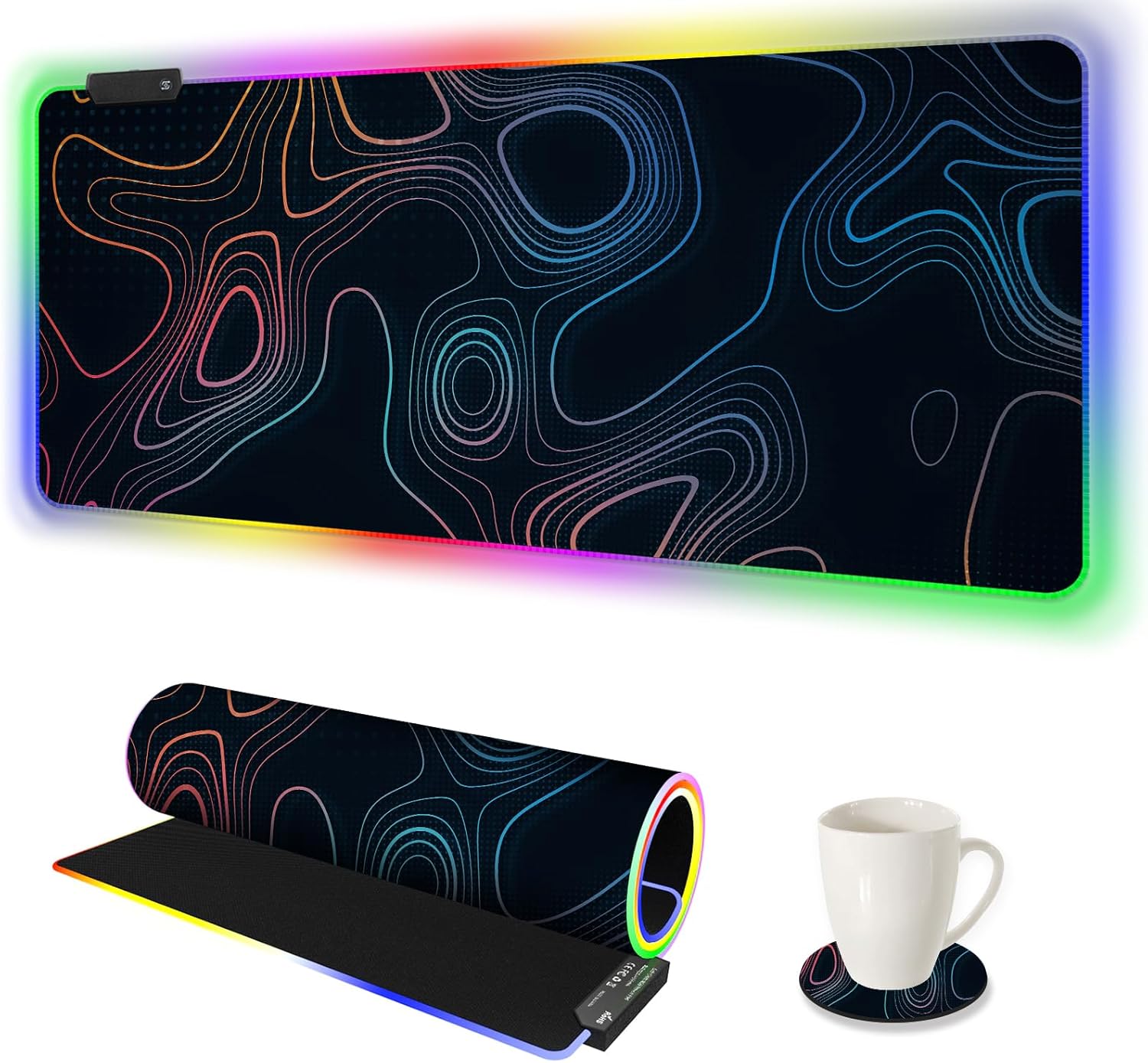 ARTSO RGB Gaming Mouse Pad, Large Extended Soft Led Mouse Pad with 14 Lighting Modes 2 Brightness, Water Resist Keyboard Pad, Computer Mousepads Mat 35.4x15.7inch, Colorful Abstract Lines