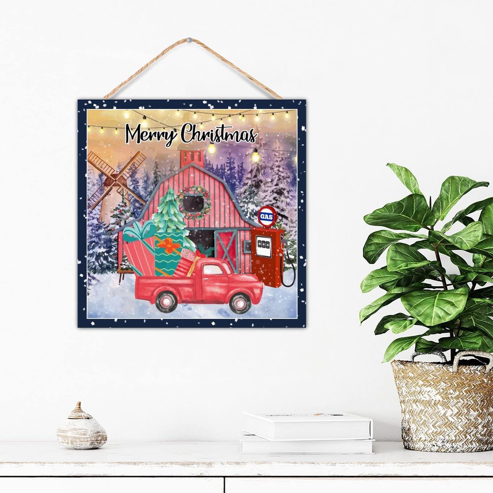 Placa de madera envejecida CustonCares decorativa con diseño de gasolinera roja 1