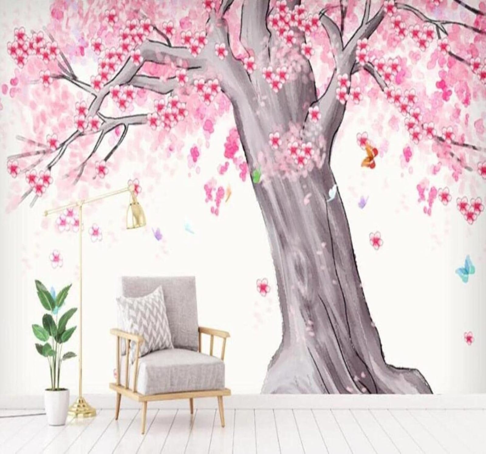 XLMING Hand Drawn Watercolour Cherry Blossom Tree Butterfly Landscape 3D Wallpaper Luxury Home Dining Decor Paste Sofa Living Room The Wall for Bedroom Mural-150cm×105cm
