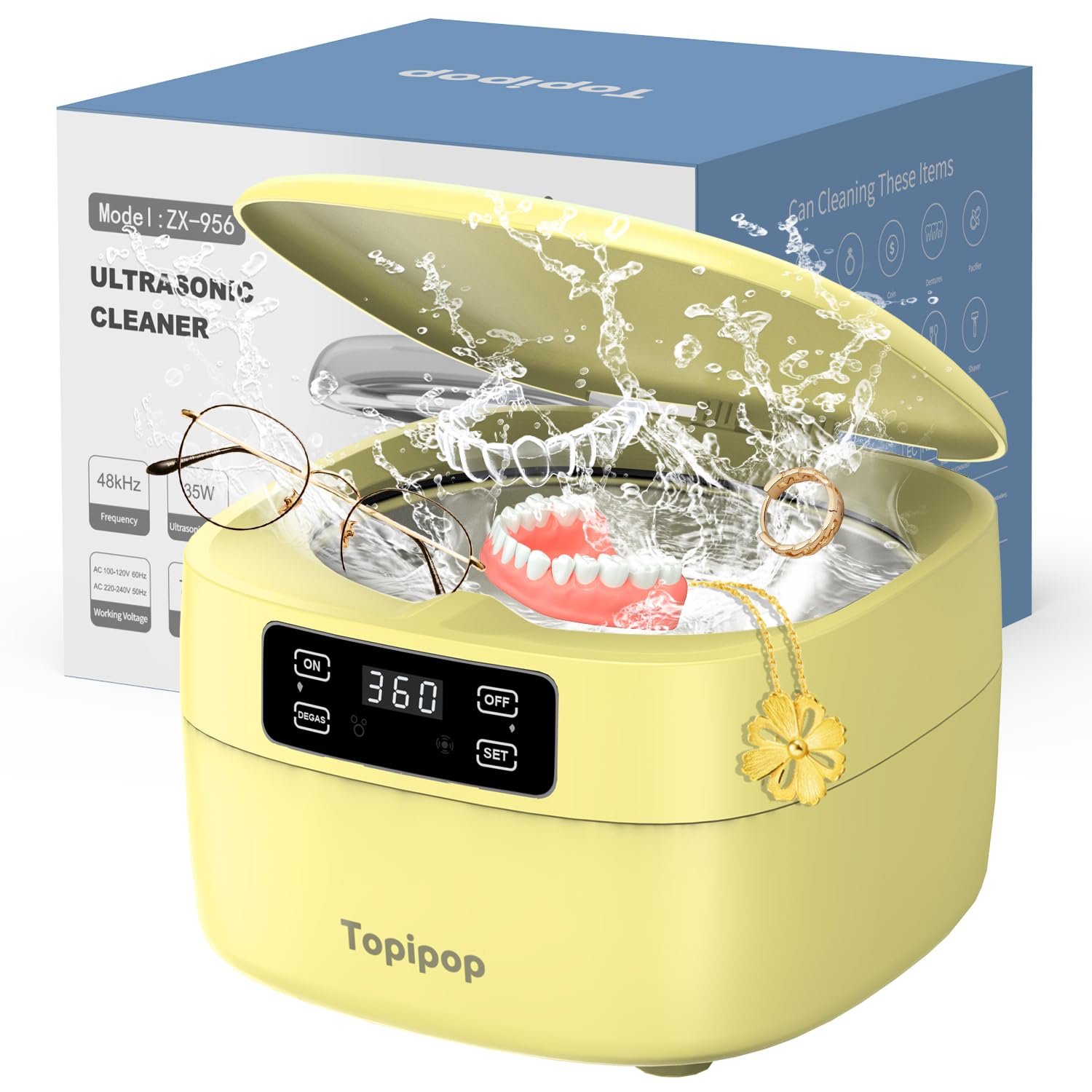 Ultraschallreinigungsgerät, 48000Hz Ultraschallreiniger, 750 ml brillenreinigungsgerät, professionelles Ultrasonic Cleaner zum Reinigen von Brillen, Uhren, Ringen, Rasierklingen (White) (yellow)