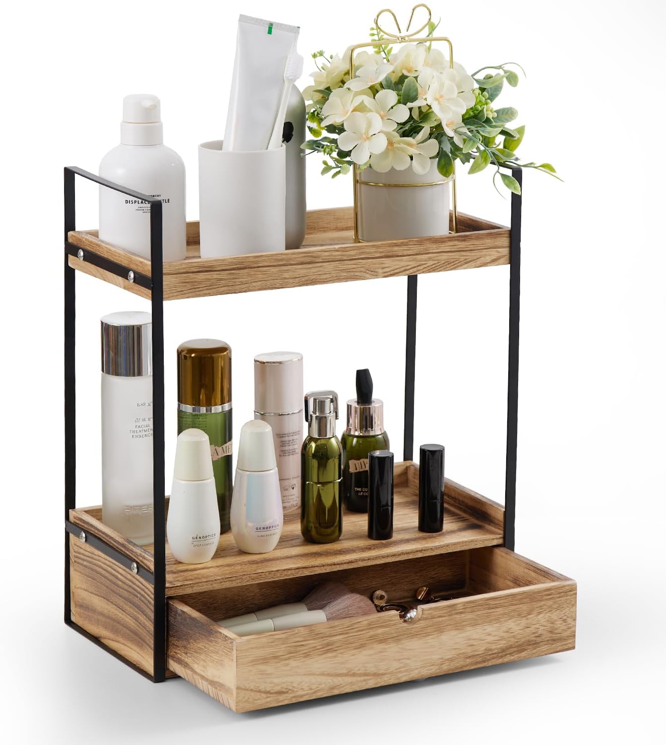 2-Tier Bathroom Organizer Countertop with Drawer, Wood Counter Shelf for Storage, Cosmetic Storage Vanity Tray for Bathroom Organization for, Kitchen, Office 2-Tier Bathroom Organizer Countertop with Drawer, Wood Counter Shelf for Storage, Cosmetic Storage Vanity Tray for Bathroom Organization for, Kitchen, Office