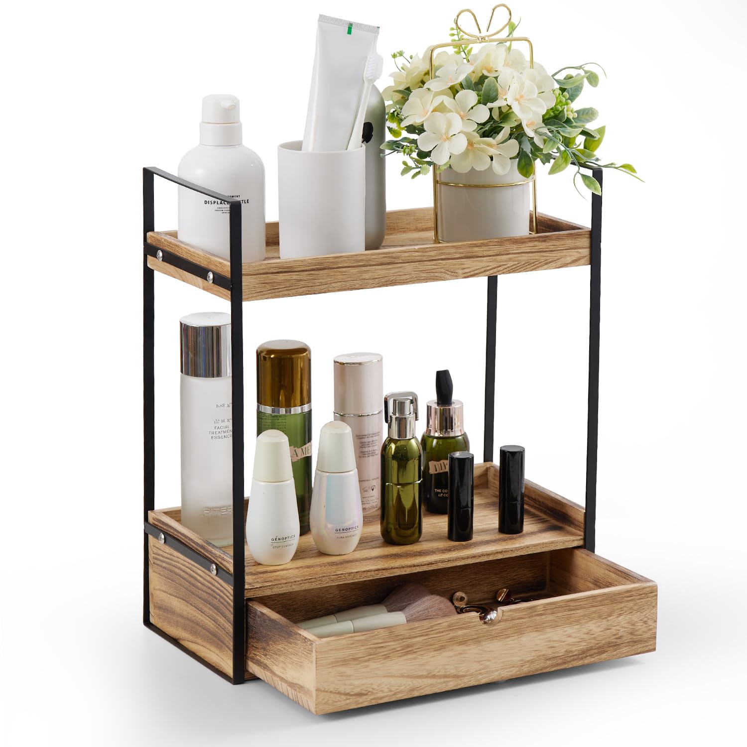 Auysbytdd 2-Tier Bathroom Organizer Countertop with Drawer, Wood Counter Shelf for Storage, Cosmetic Storage Vanity Tray for Bathroom Organization for, Kitchen, Office