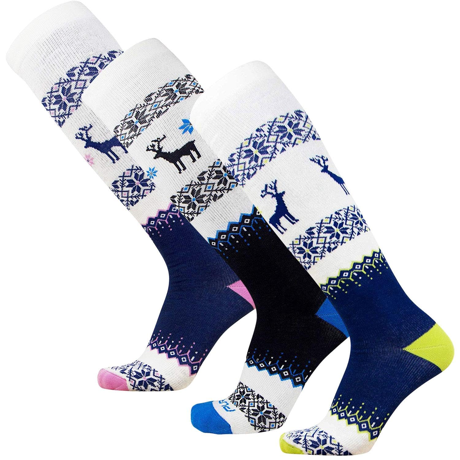 Pure Athlete – Calzini da sci caldo maglione cervi calzino per sci – lana merino Winter, snowboard, Uomo, Cobalt Blue + Green + Pink - 3 Pack, Medium