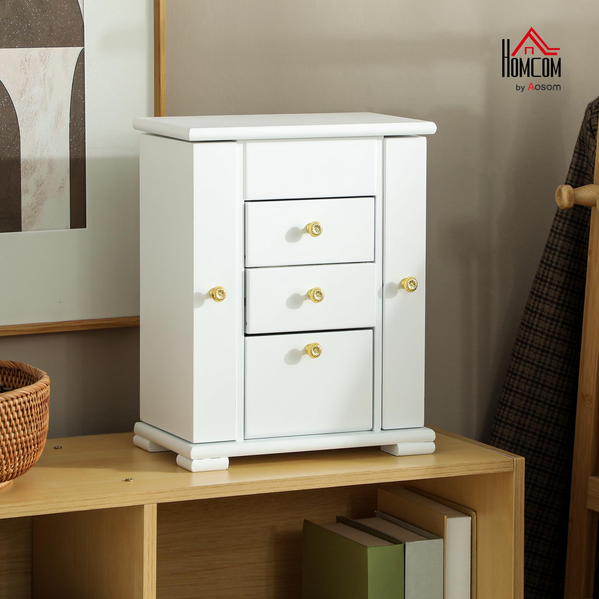 HOMCOM Caja Joyero de Madera de 4 Niveles con 2 Cajones Espejo Blanco | Joyero Mujer Organizador Grande, Puertas Laterales Giratorias con Ganchos, para Pendientes, Anillos, Collares