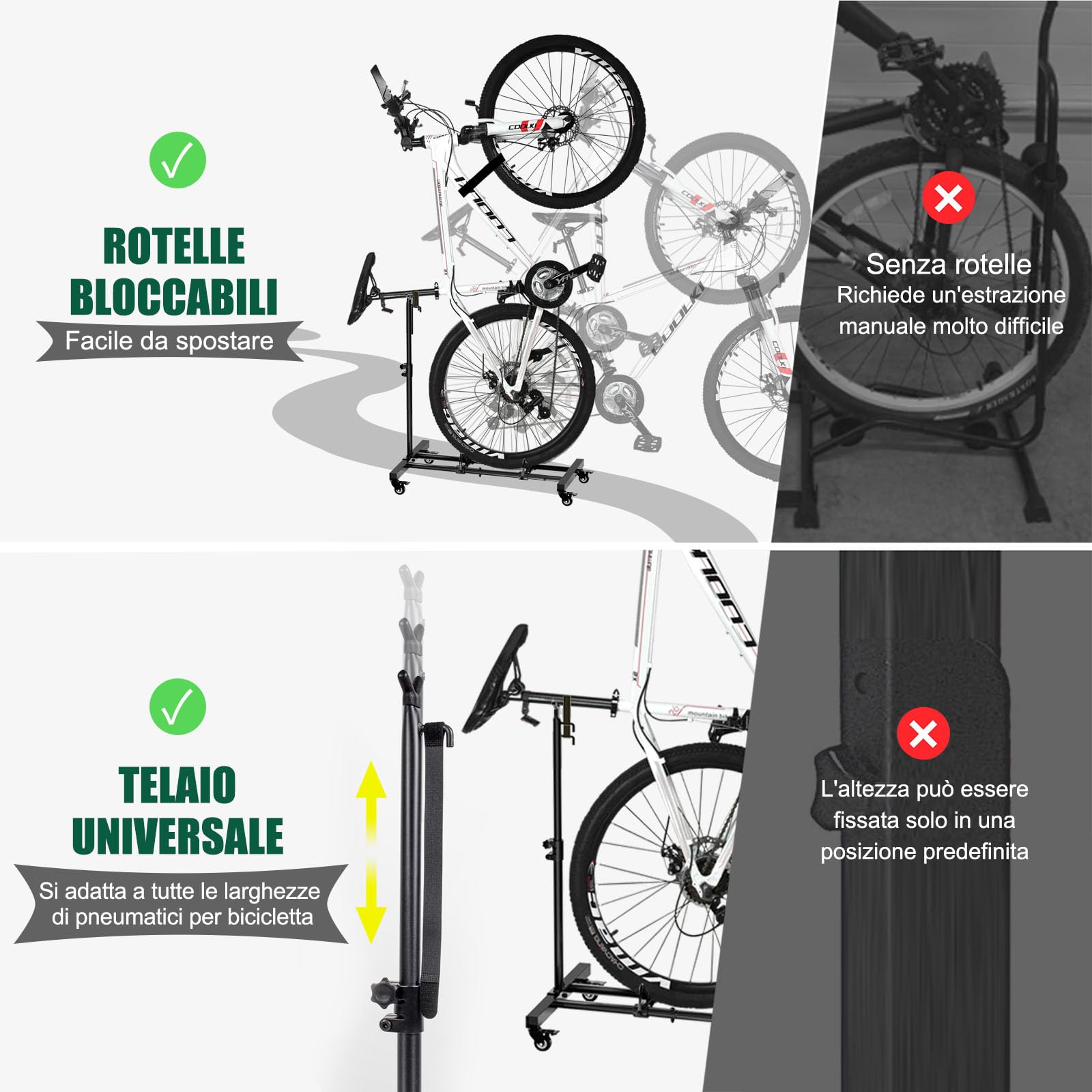 Mimoke Supporto verticale per bicicletta – Supporto da pavimento per bicicletta con ruote bloccabili, altezza regolabile, per tutti i tipi di biciclette fino a 4 pollici di larghezza del pneumatico,