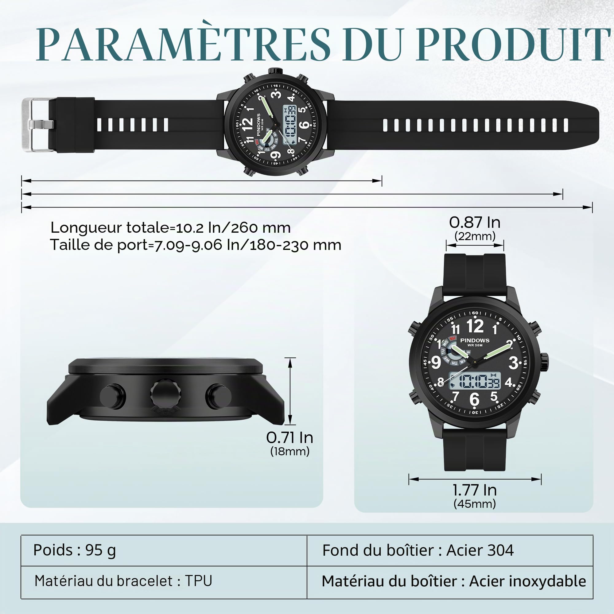 PINIDOUS Montres pour Hommes Montres Numérique Sport Outdoor Montres Militaire Multifonctionnelle Montre Quartz Analogique étanche Acier Inoxydable Mode Classique Montre-Bracelet