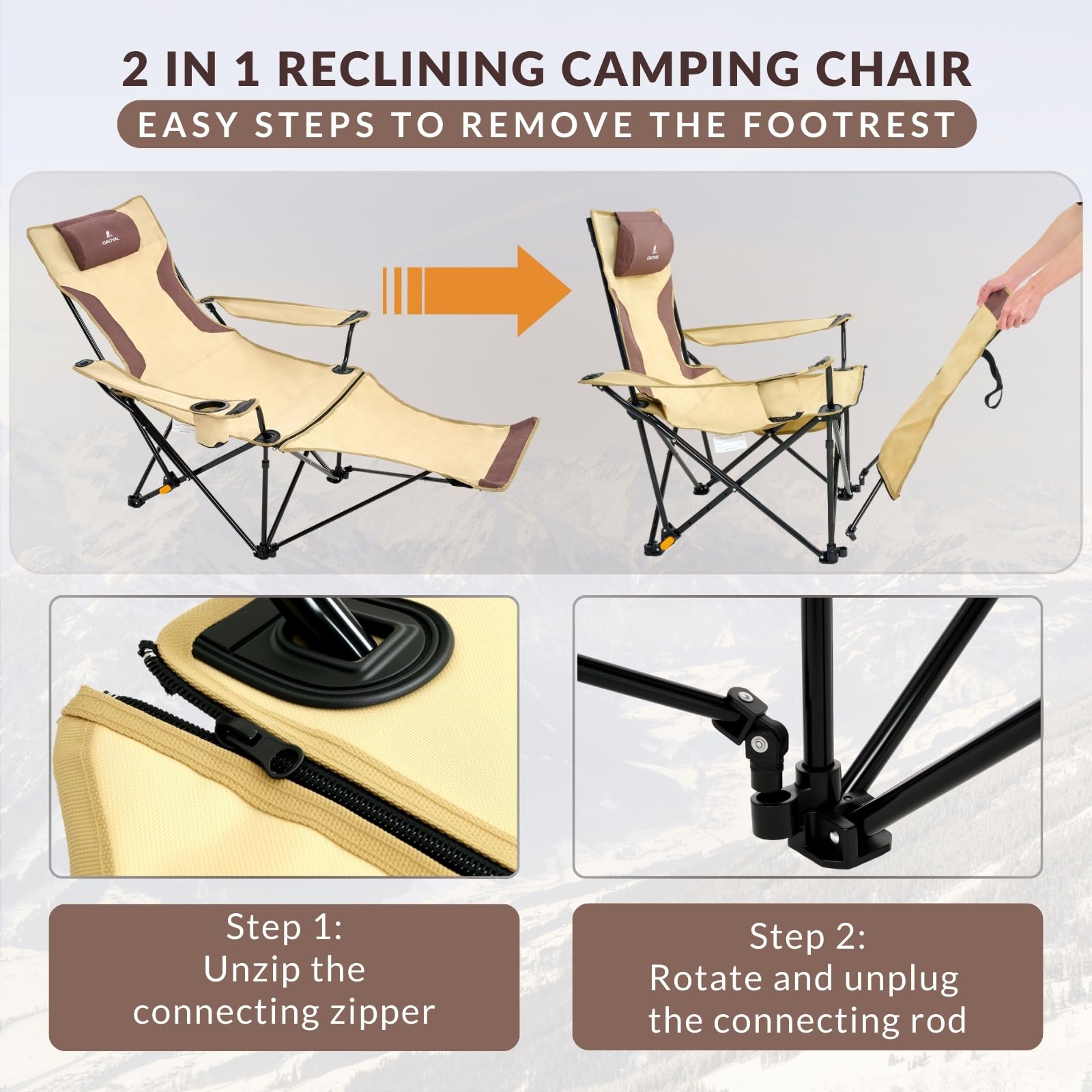 Reclining Beach Chair With Footrest & Pillow - Lightweight Folding Camping Chair With Cup Holder