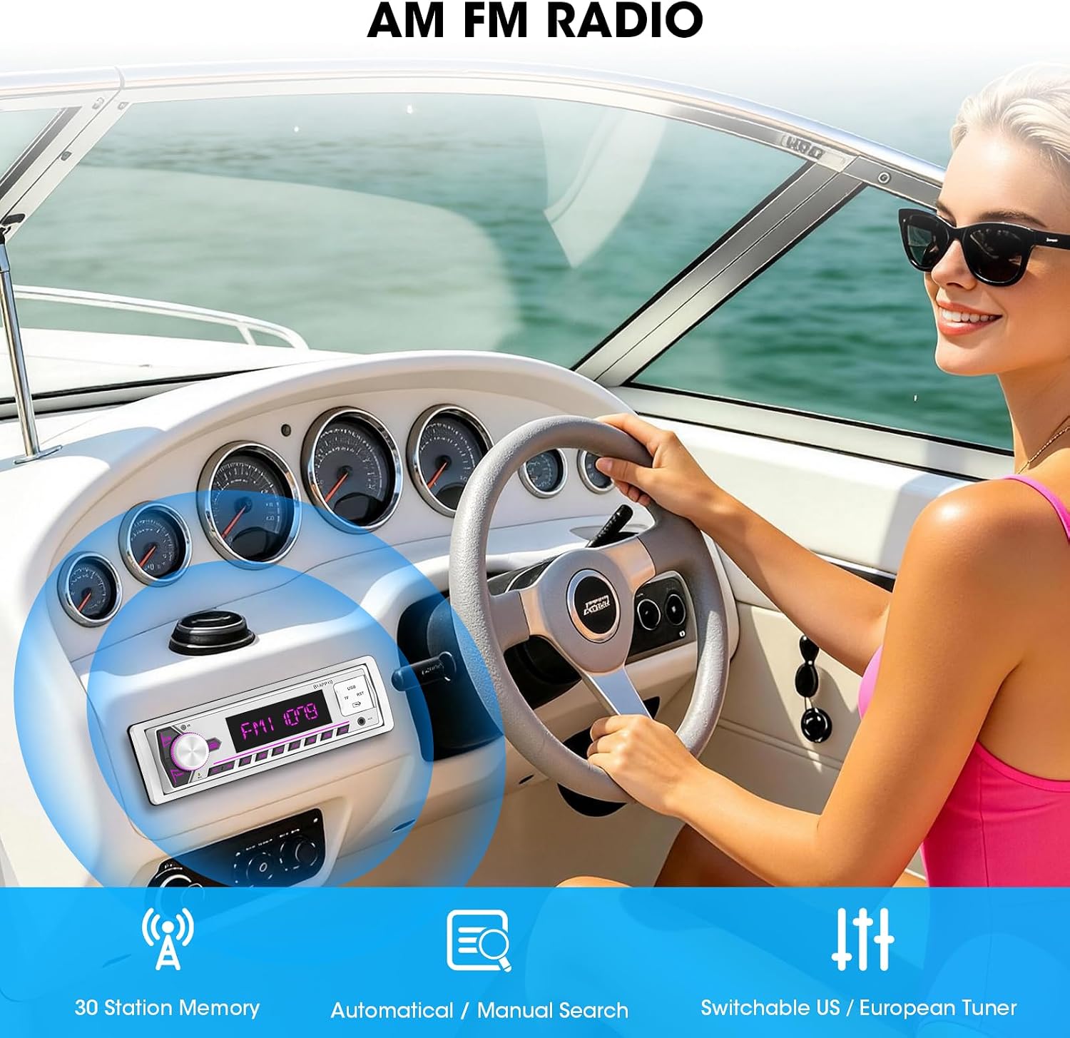 Single Din Bluetooth Marine Radio: Indash Car Stereo Receiver for Boat | Digital LCD Display AM FM AUX SD USB Fast Charging 2 Subwoofer Outputs
