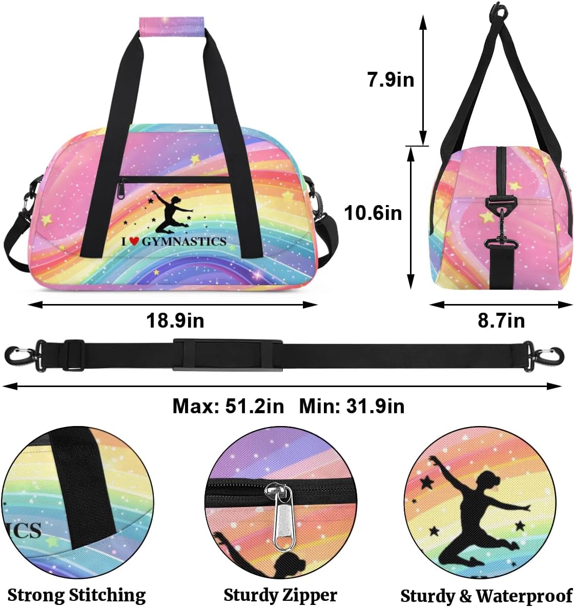 Rainbow Gymnastics Patterns Duffle Bag for Kids Dance Ballet Bag Lightweight Travel Weekender Overnight Bags Sport Gym Duffel Bag Workout Carry On Tote for Girls Boys
