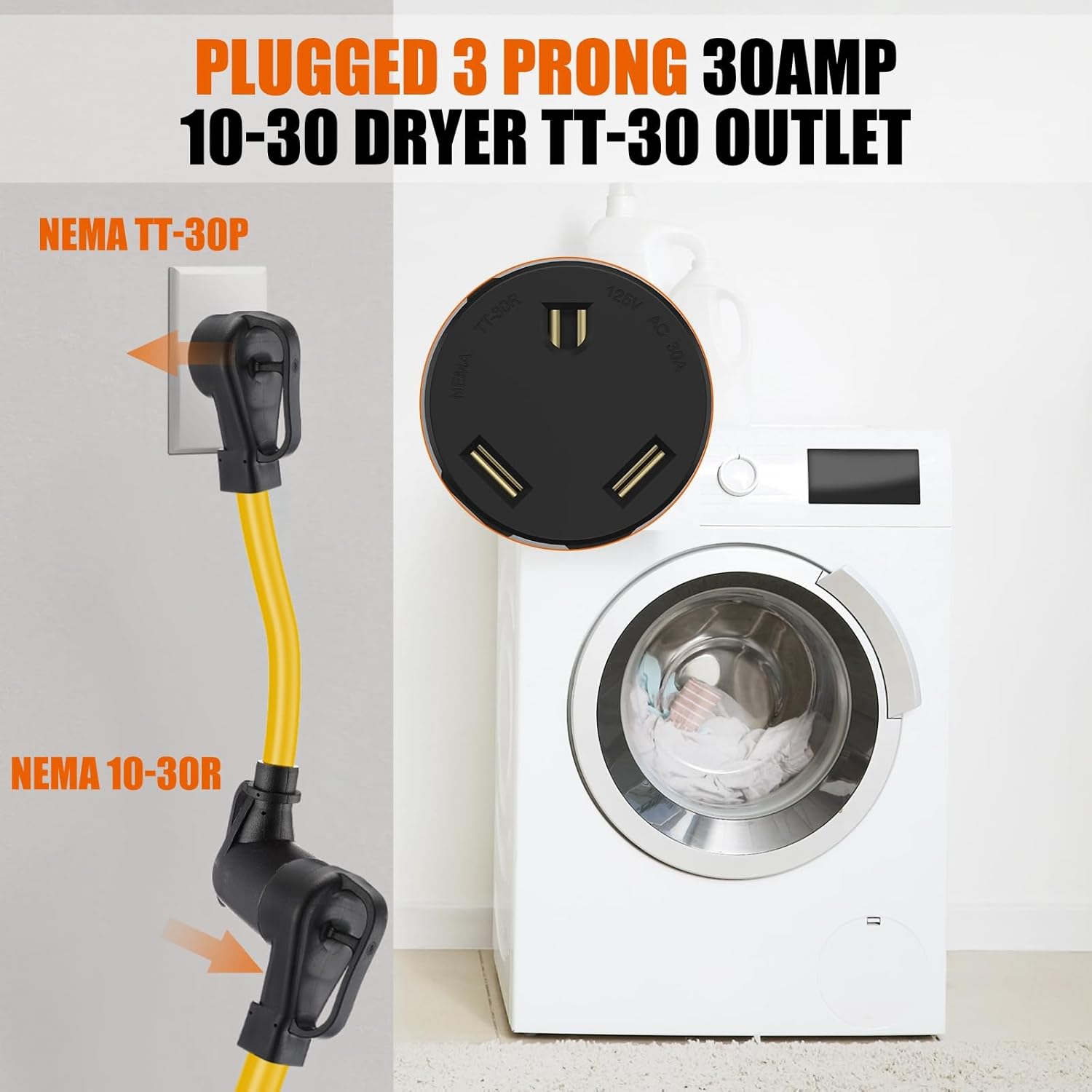 Kanayu 30amp Dryer Adapter Cord NEMA TT-30P Male to 10-30R Female, 3 Prong Male to 3 Prong Female Power Cord for RV Generator to Dryer with Handle, STW 10 AWG/3C, 1FT, ETL Listed