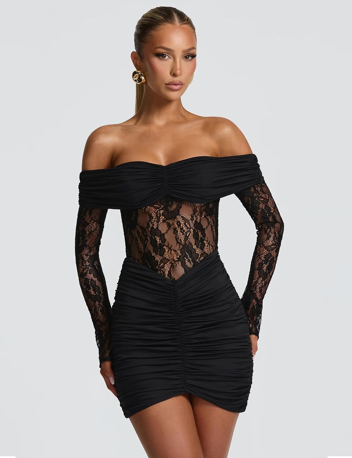 Women's Sexy Lace Off Shoulder Long Sleeve Bodycon See Through Night Out Party Mini Dress - Image 2