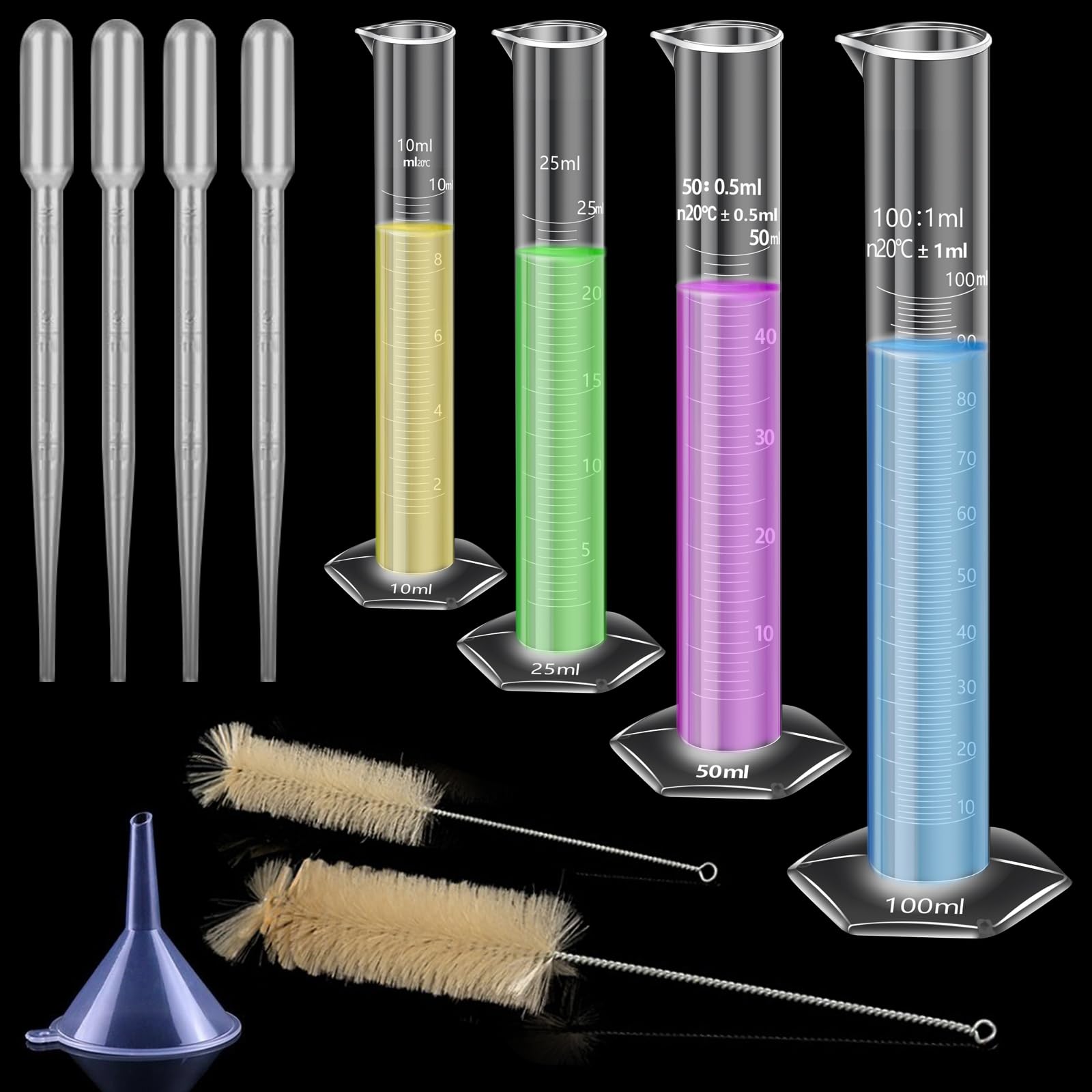 4 cilindros graduados de plástico, 10 ml, 25 ml, 50 ml, 100 ml, cilindros de medición con 4 pipetas, 1 embudo de plástico y 2 cepillos