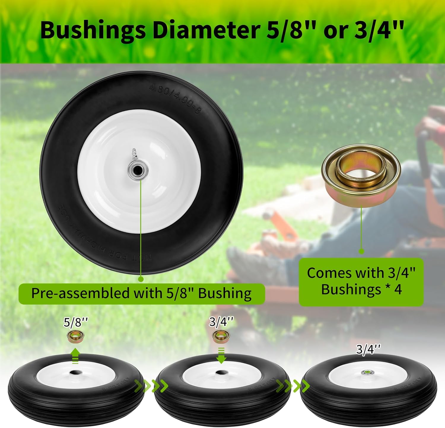 4.80/4.00-8 Flat Free Tire, 14.5" Wheelbarrow Tires with 3" - 7" Centered Hub, 3/4" or 5/8" Bushing, 2 Pack Universal Replacement Wheels, Dynamic Load Only, Outdoor Use