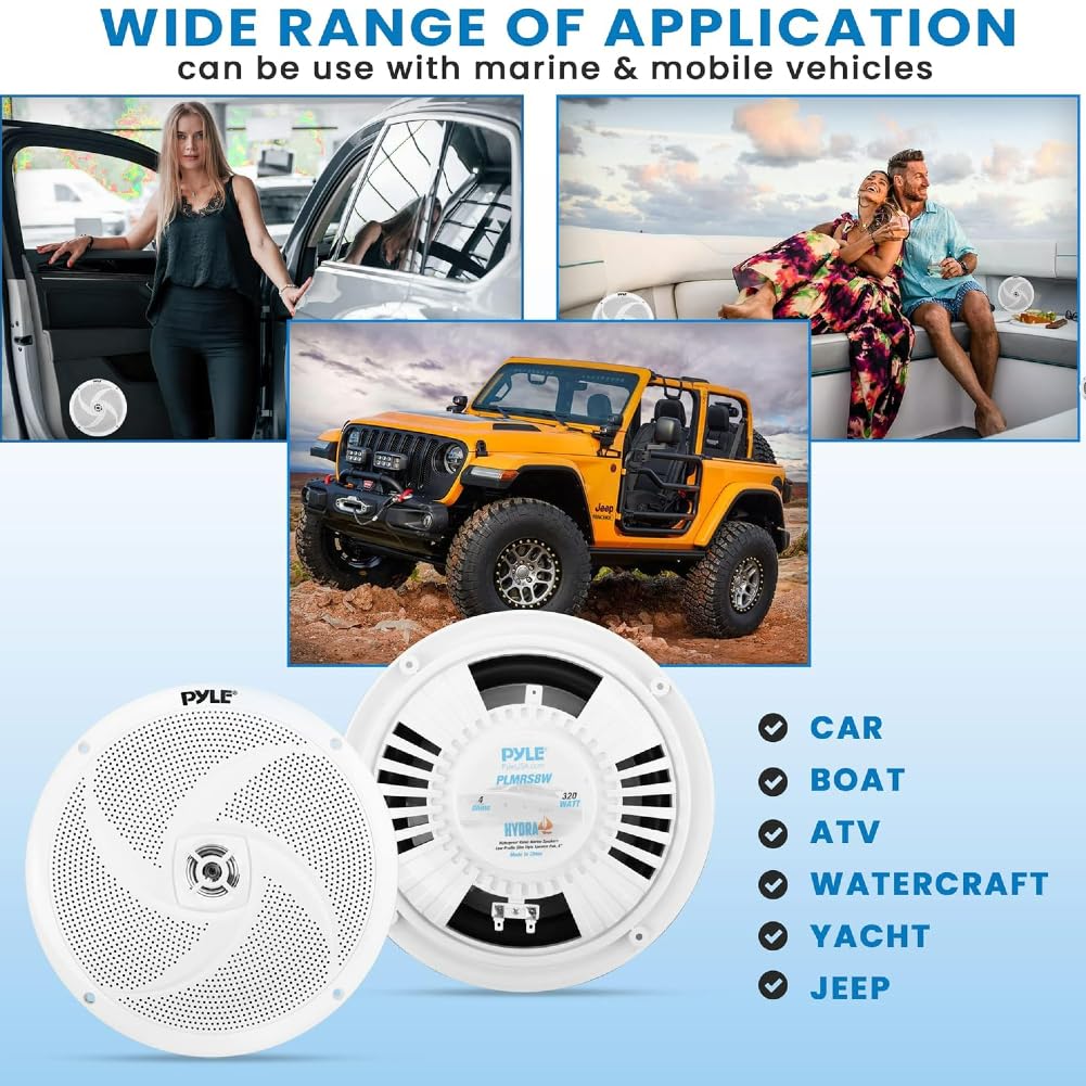 Kit Set para Pyle PLMRS8W, 2 Altavoces Marinos Full Range, 8" 23,9 cm 239 mm, 160 vatios RMS, 320 vatios máx., 4 ohmios, Impermeables, para embarcaciones, Color Blanco, par + Cables Gratis