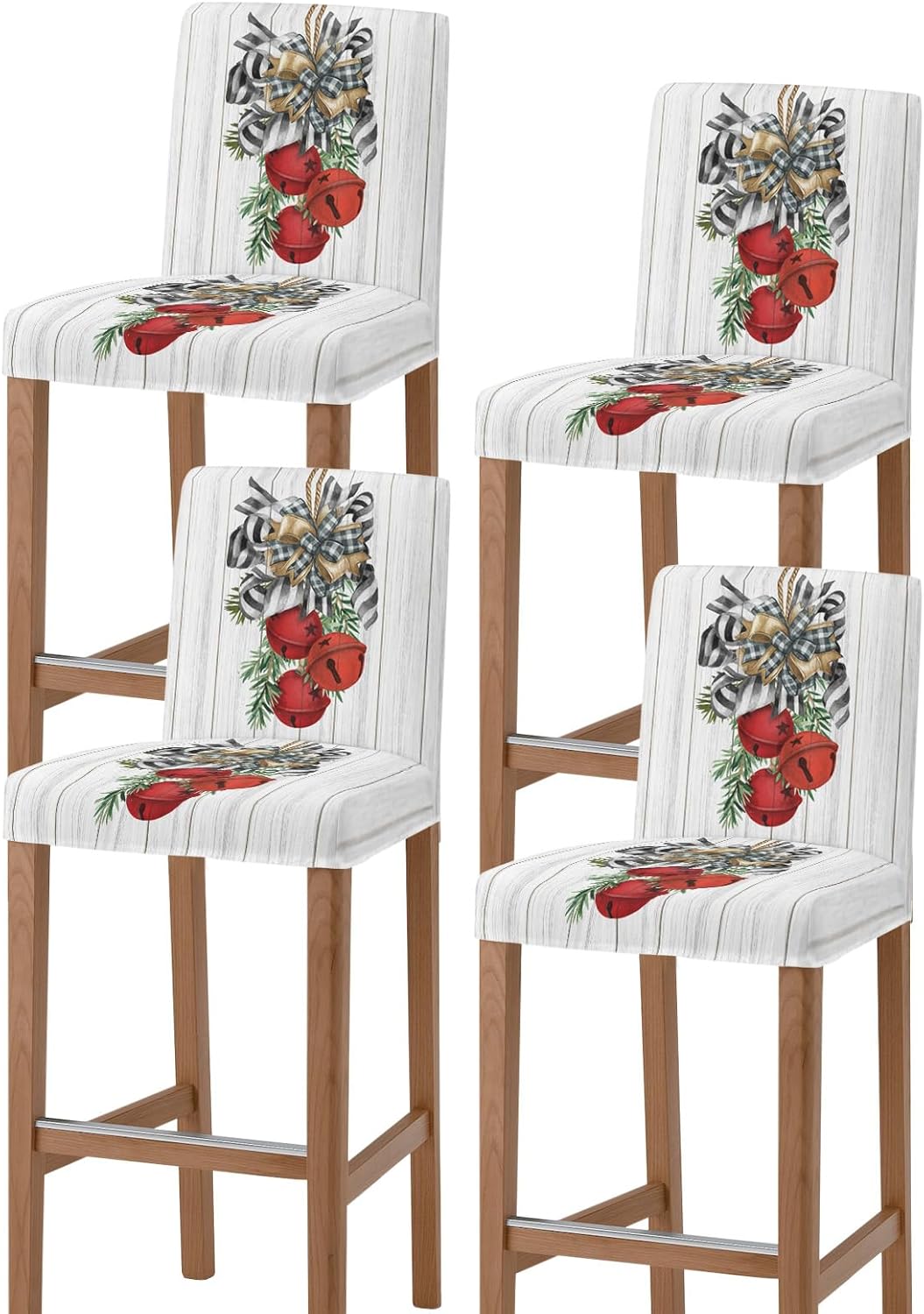 Christmas Bar Stool Covers Buffalo Plaid Bow Bar Chair Cover Set of 4 Stretch Chair Covers Red Bell Pine Needles Xmas Counter Height Chair Slipcovers Protectors for Kitchen Dining Room Pub Cafe 4 Pack Christmas, Chair Back Height 12”x15”