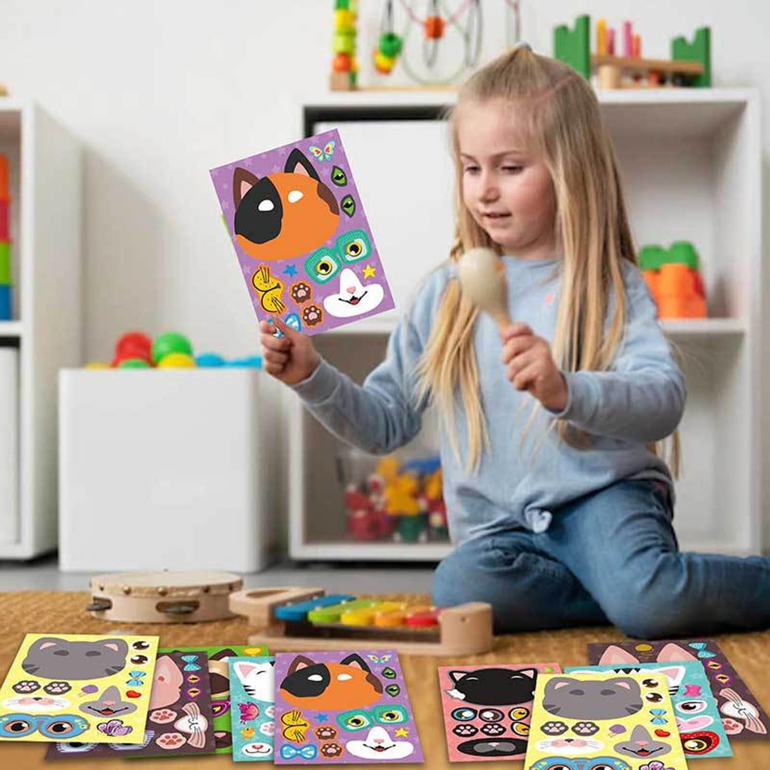 24 Sheets Cat Stickers for Kids, Make Your Own Animal Stickers for Kids, DIY Craft Gift for Birthday Party Favor Supplies