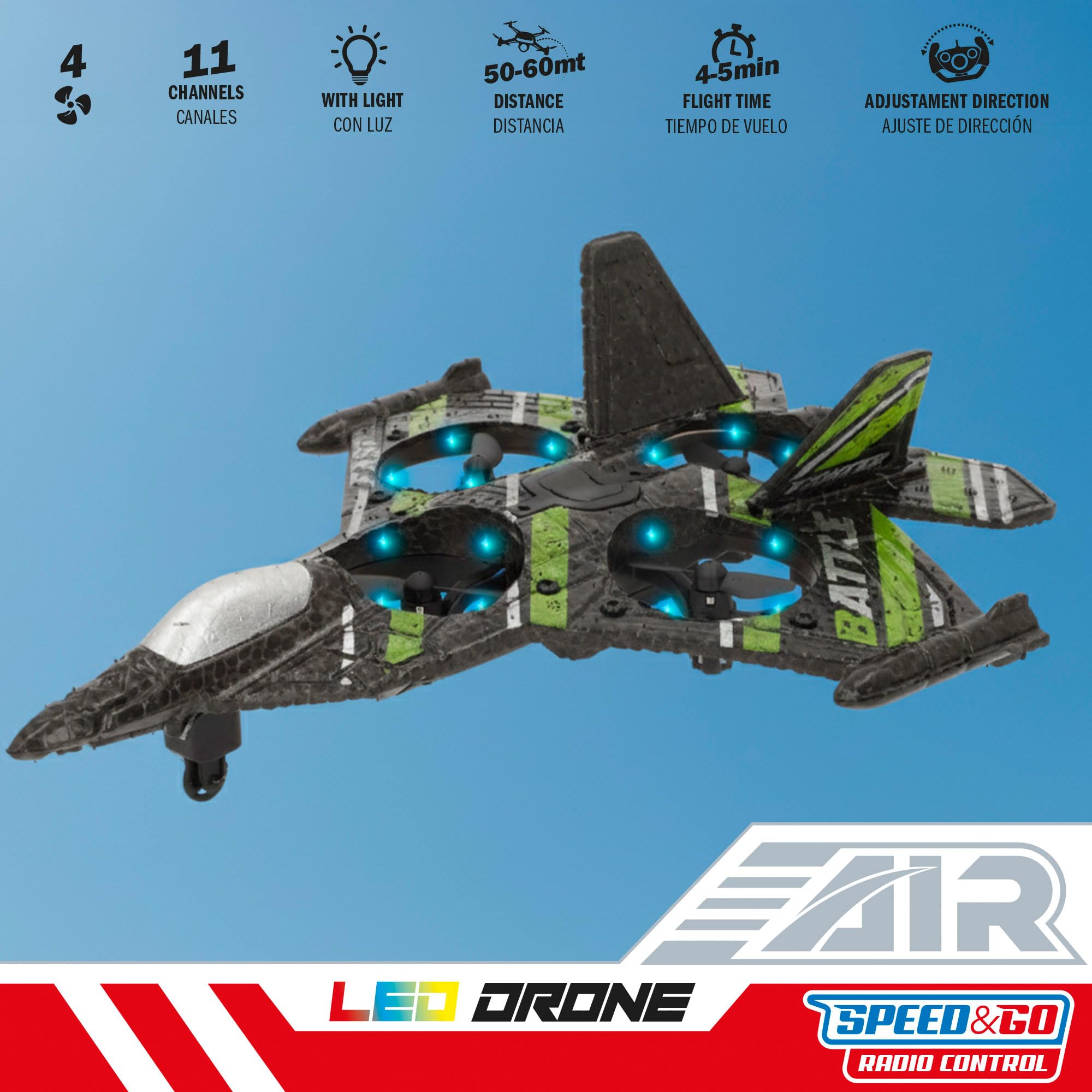 COLORBABY Speed & Go Dron avión de combate teledirigido, luces LED, 50-60 metros, Ajuste dirección, 2.4 GH.z, Giro 360º, Auto despegue y aterrizaje, Aviones combate, RC, Vehículos radiocontrol (41366)