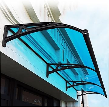 Window Awning Door Canopy Curved Roofing Canopies, UV Rain Snow Protection Outdoor Awning Rain Shelter Cover Blue Polycarbonate Sheet with Black Bracket Size 1x2m/3.28x6.56ft