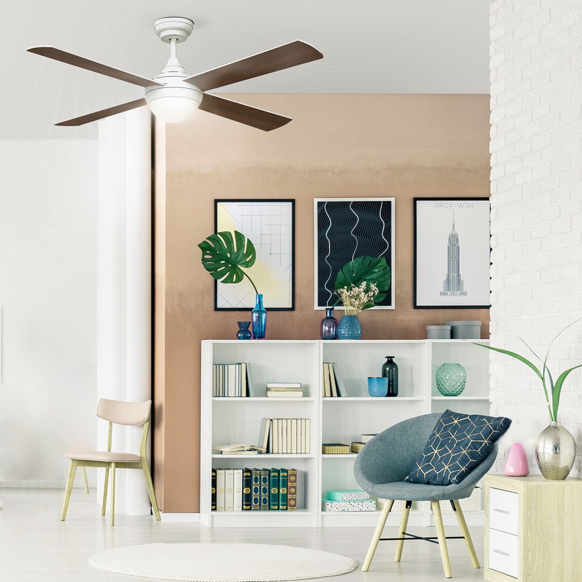 wonderlamp Ventilador de techo con luz LED Classic II Blanco. 4 Palas de madera contrachapada (Plywood). 6 velocidades. Función verano-invierno. LED Integrado. Ø 123 cm.
