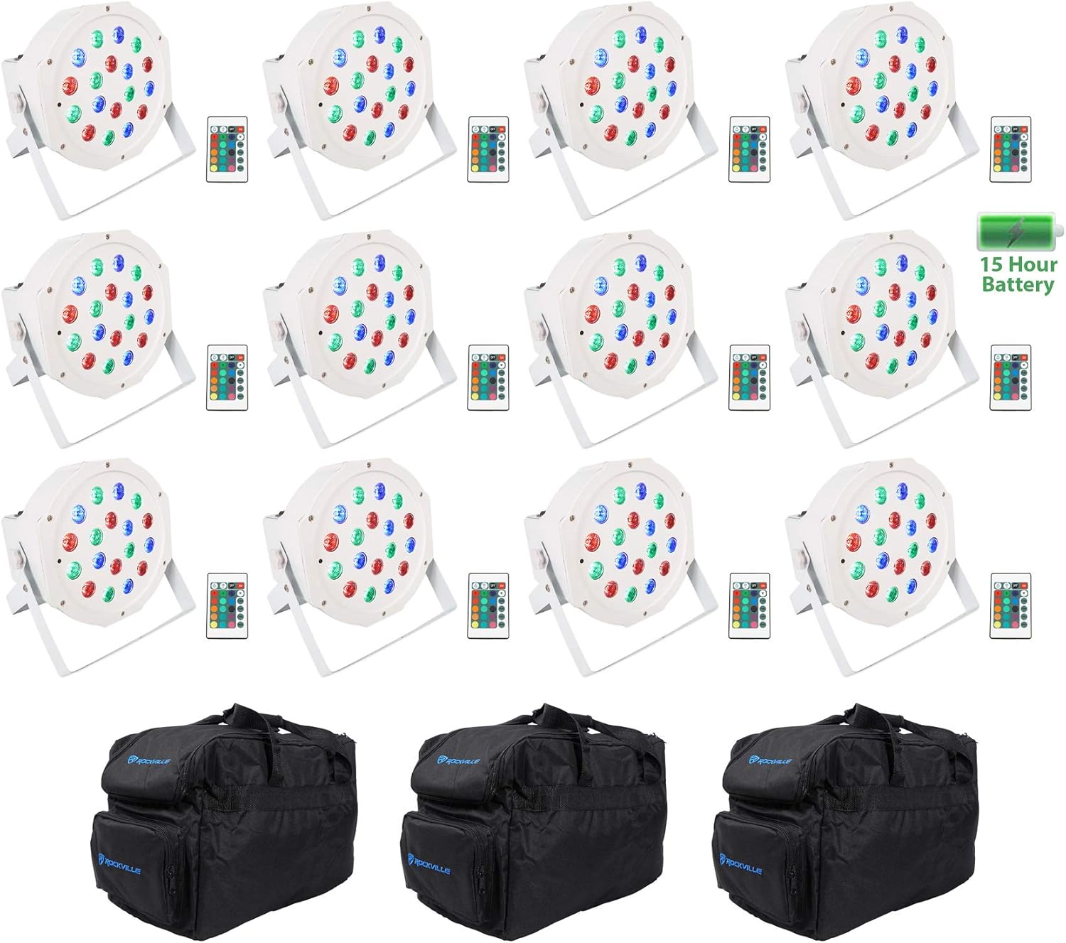 Rockville Battery PAR 50 Bundle: (12) White Rechargeable LED RGB DMX Wash Uplights with Remote, (3) RLB30 Padded Lighting Bags for 4 Slim Par and Controller, 15-Items