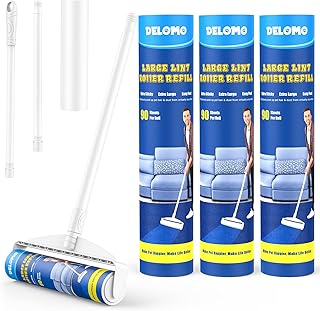 Large Lint Rollers for Carpet, Sticky Rollers for Floor DELOMO 9.45 in with 3 Extendable Handle,Long Handle Sticky Mop for...