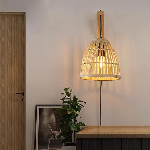 Miniatura 6 de Moderna lámpara de pared de bambú con enchufe, pantalla de ratán para colgar en la pared con interruptor, apliques de pared colgantes de mimbre de