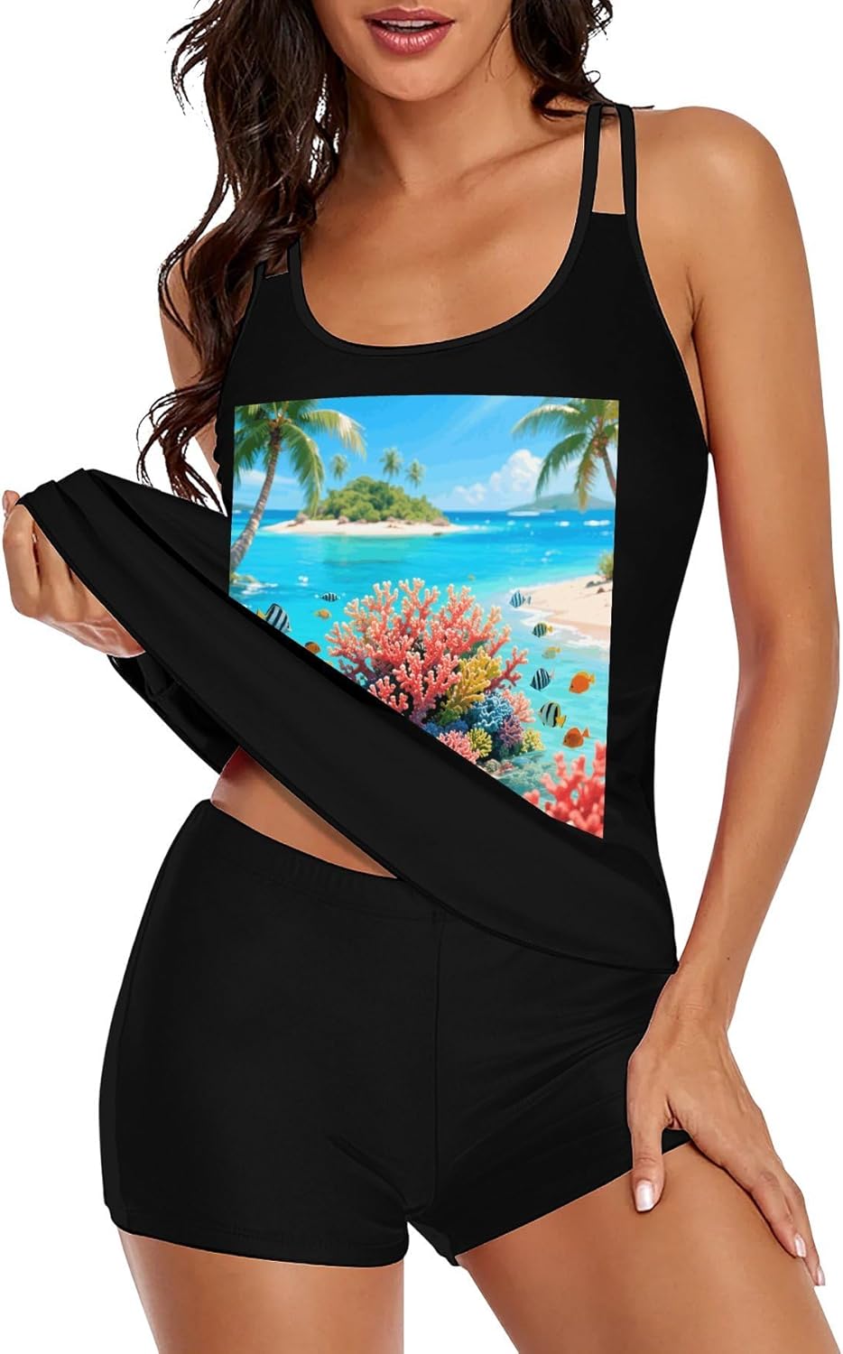 Island Corals Tankini Swimsuits for Women Tummy Control Two Piece Bathing Suits Swim Tops with Boy Shorts