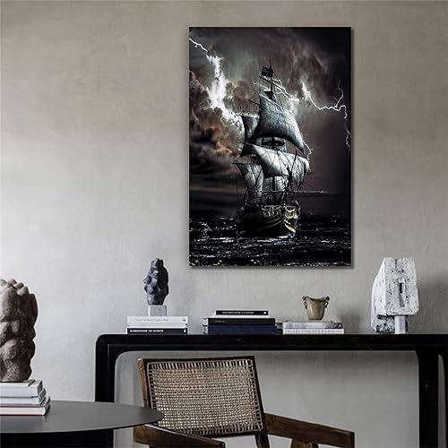 Vista 5 de Pintura impresa de barco pirata, póster retro de vela negra sobre lienzo oceánico para decoración de dormitorio y sala de estar