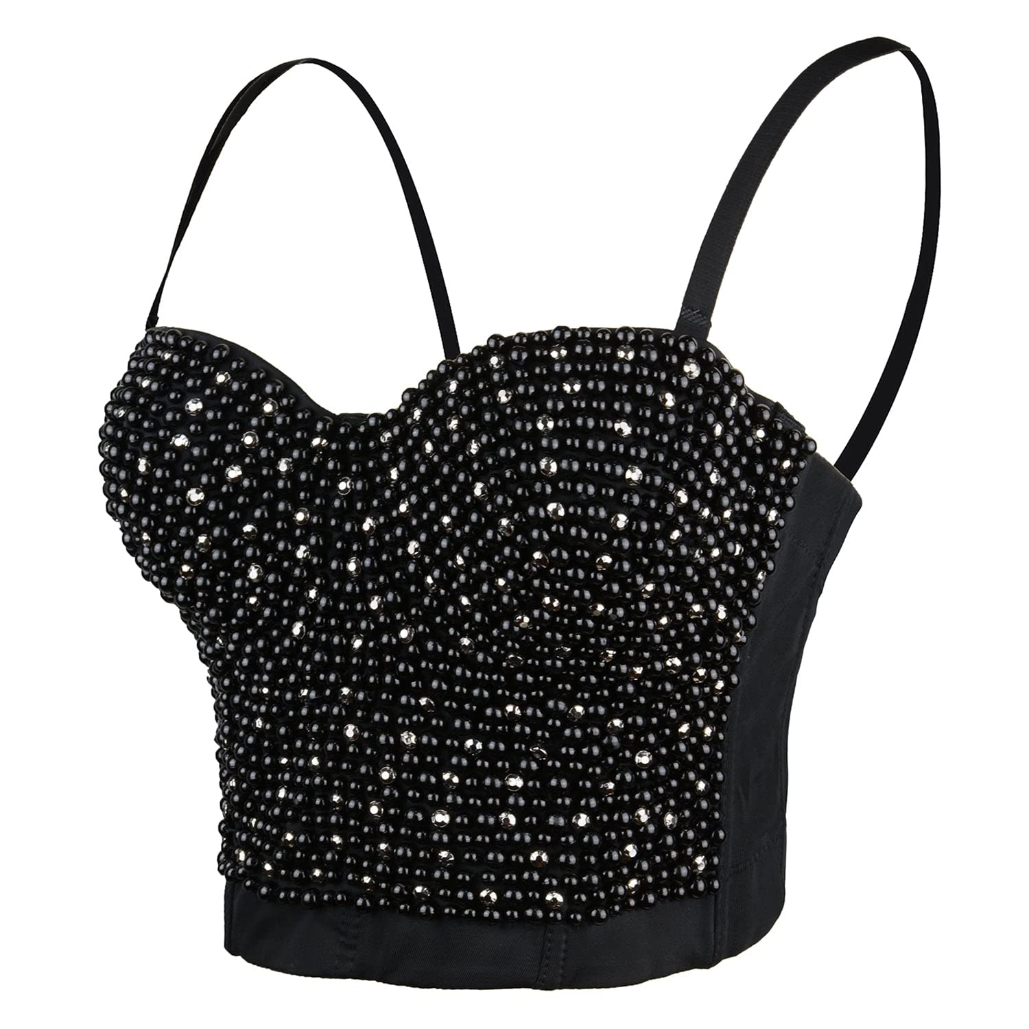 ellacci Women's Diamond Pearls Beaded Rhinestone Bustier Crop Top Corset Tube Top-picture-47
