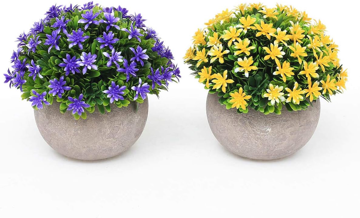 2 Packs Small Fake Plants Artificial Mini Potted Plants Artificial Plants for Home Decor Indoor Faux Plants in Pots Centerpiece Topiary Shrubs for Bathroom Decoration, Yellow and Purple