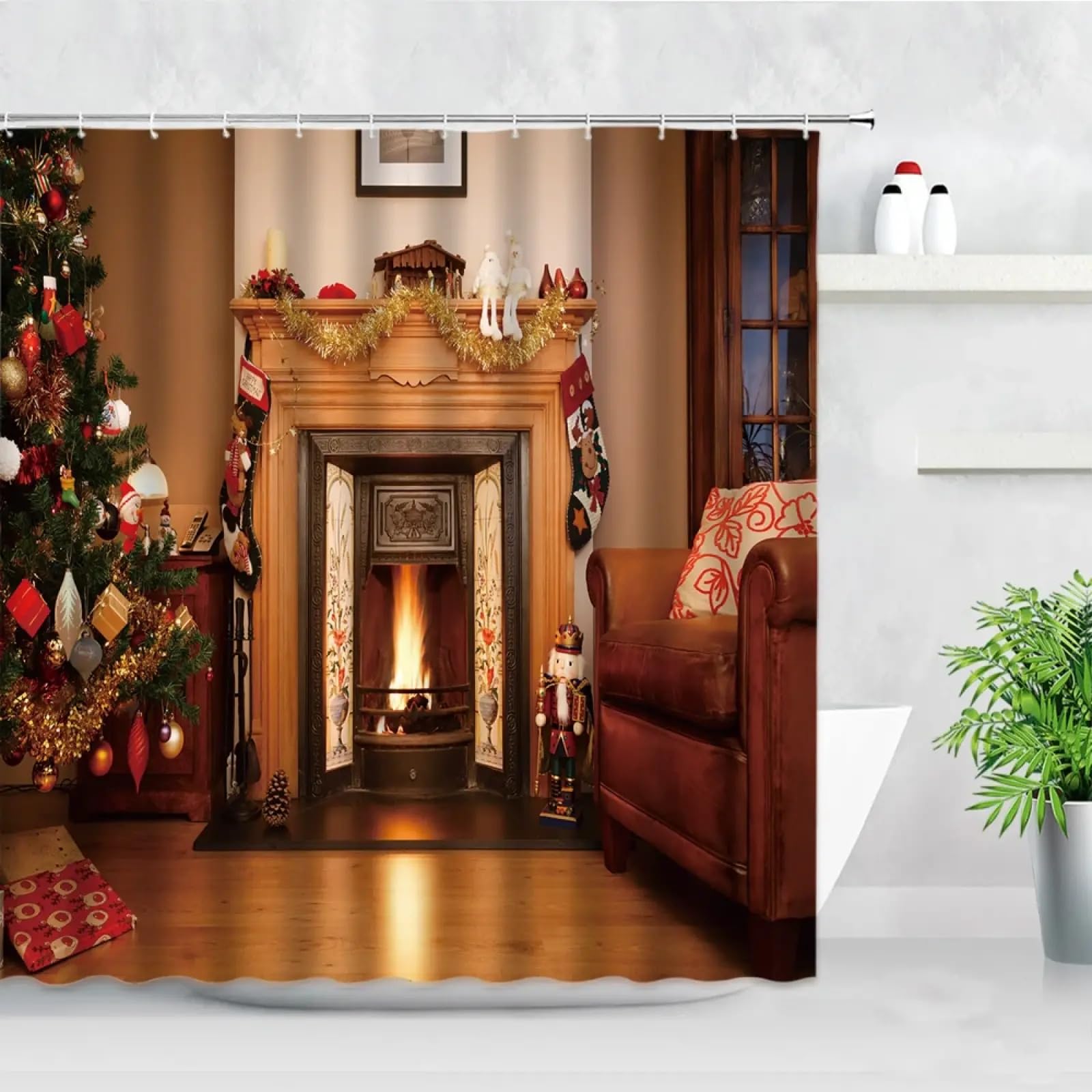 Rideau de douche Noël grand format 220x200 rideau de bain tissu cheminée
