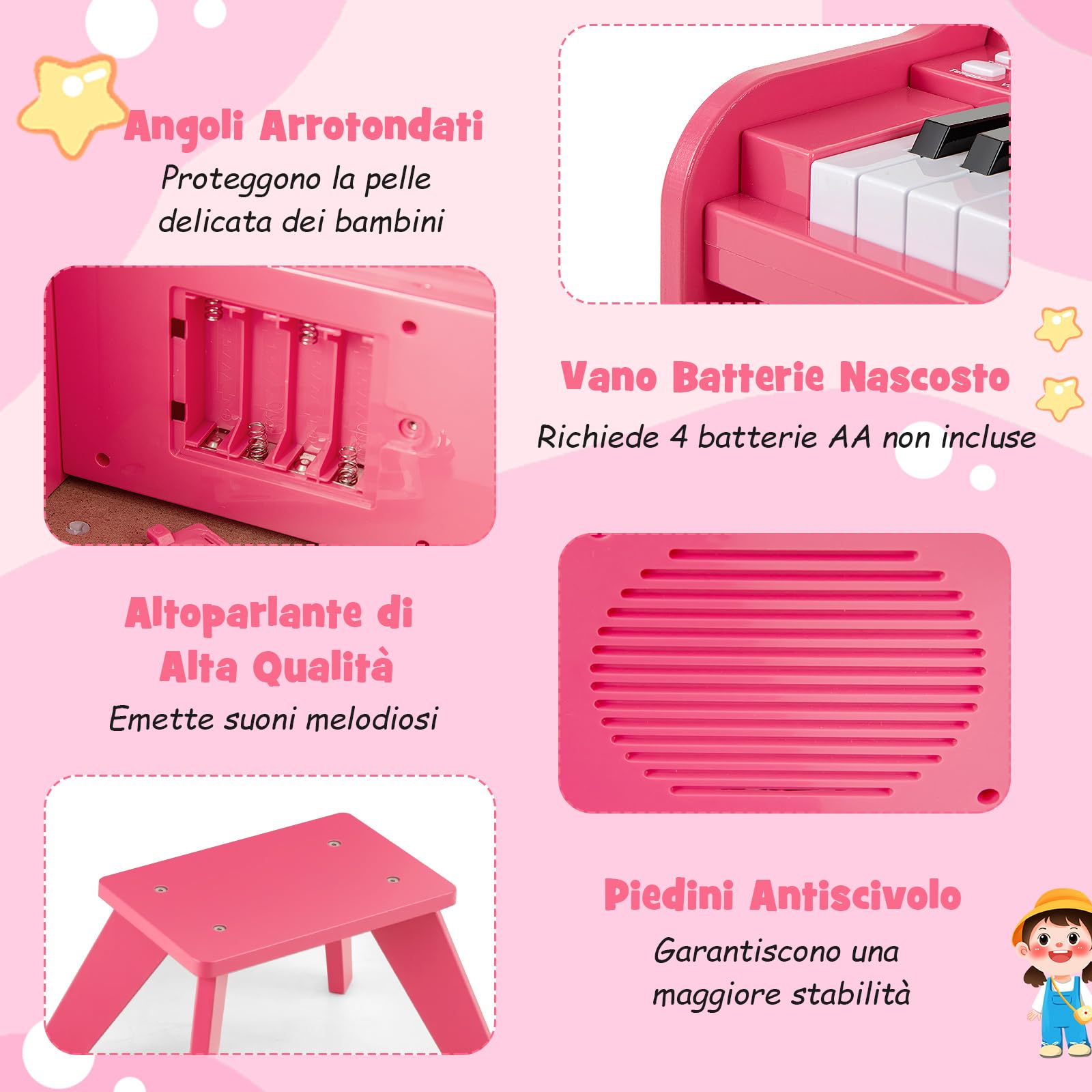 COSTWAY Pianoforte Digitale Bambini a 25 Tasti con Luci, Pianola Elettrica con 6 Toni, 15 Demo e 8 Percussioni, Set Tastiera Musicale con Sgabello e Leggio Rimovibile, per Bambini 3+ Anni (Rosa)