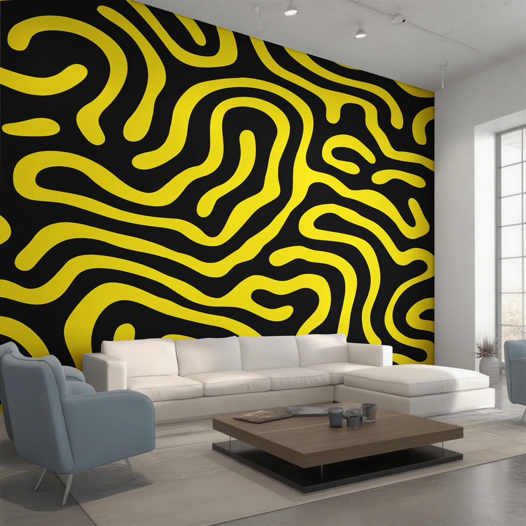 Papier Peint Panoramique Ligne Abstraite Labyrinthe Noir Jaune 450x315 cm