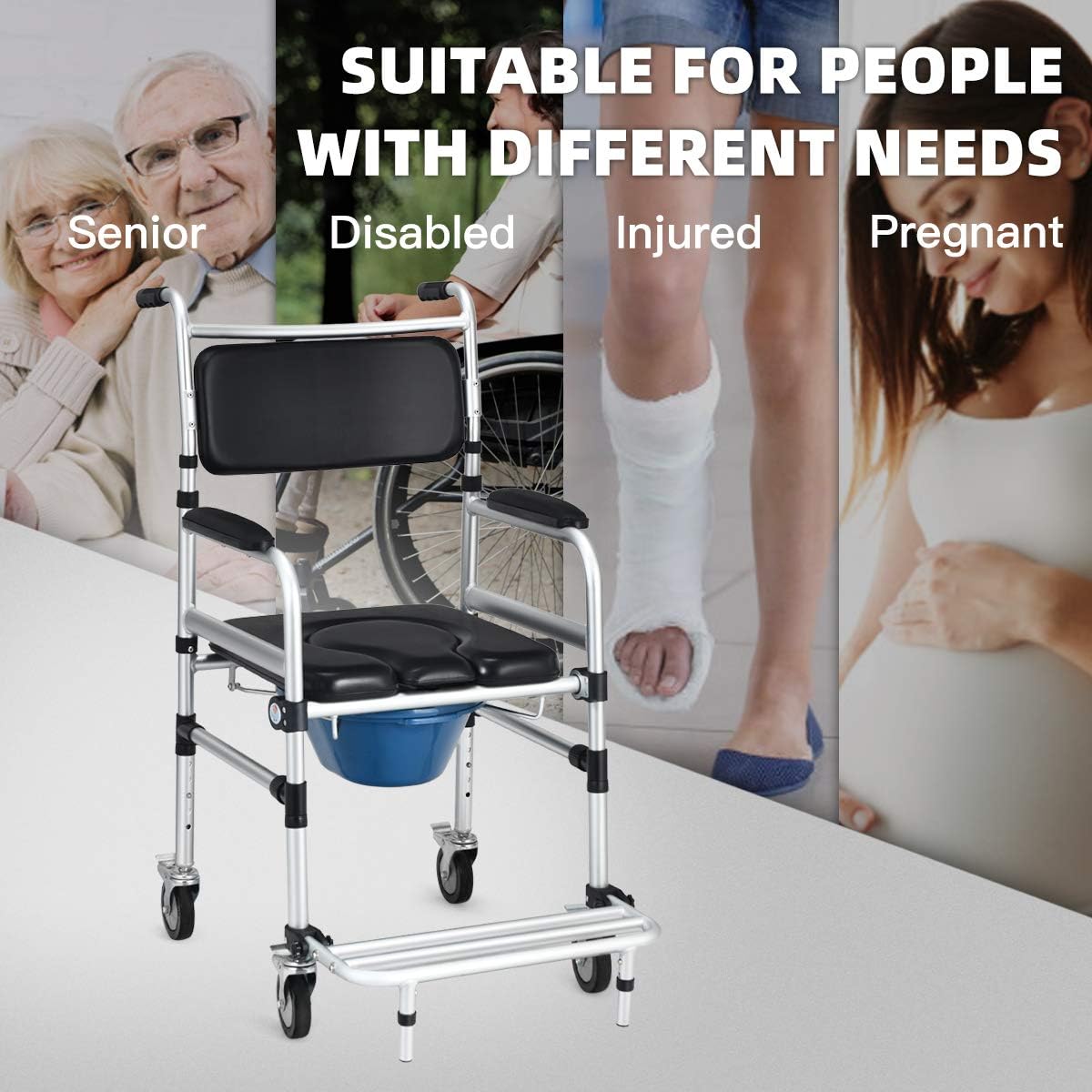Goplus 4 in 1 Shower Commode Wheelchair, 330lbs Bedside Commode Chair for Toilet with Arms, Portable Rolling Shower Chair with Wheels for Elderly Disabled Handicap Adults Bariatric