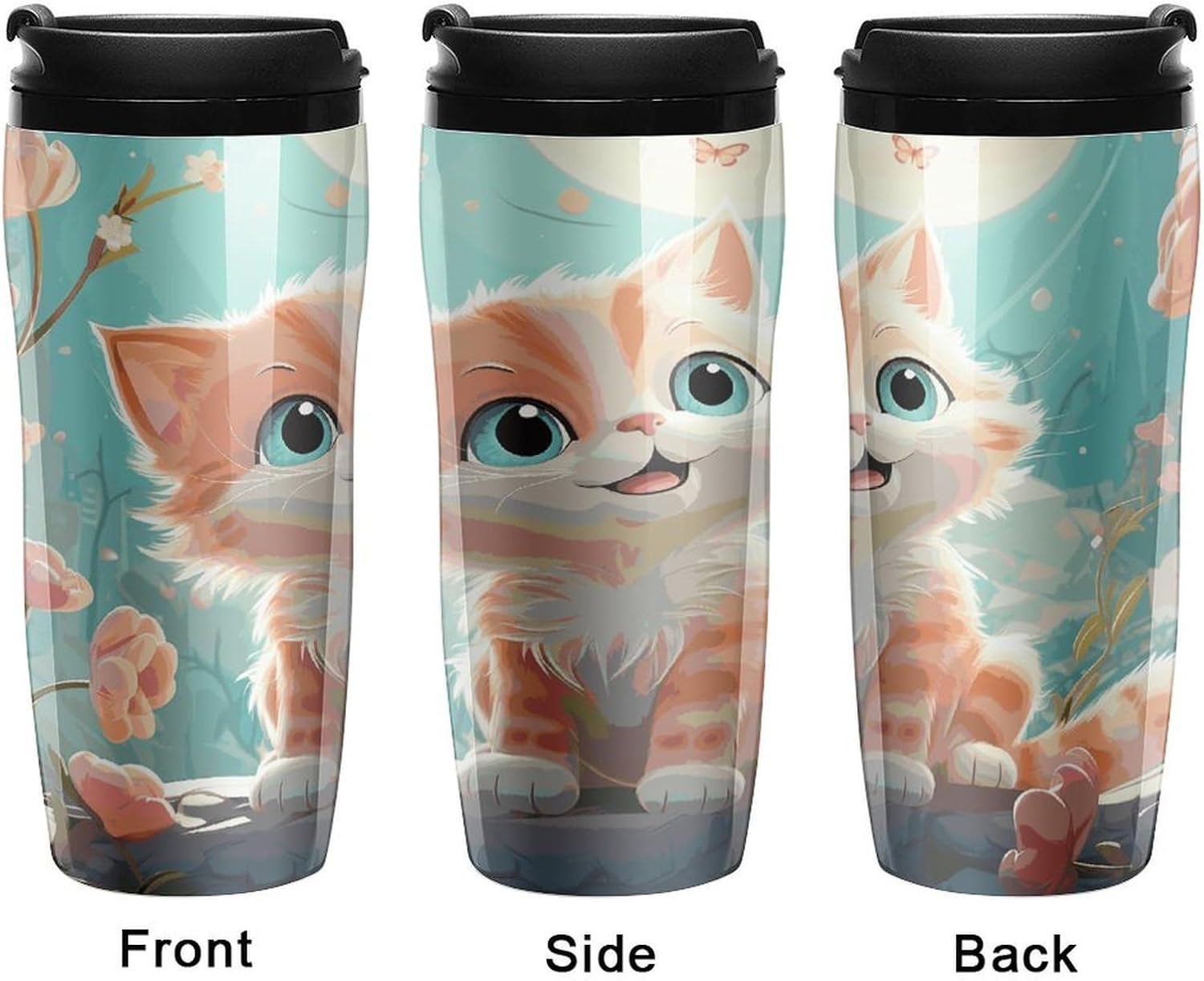 Cute Cats Coffee Cup Reusable Portable Water Bottle with Double-Walled Plastic,Coffee Mug for Hot & Cold Drinks, Cup Holder Friendly 350ml