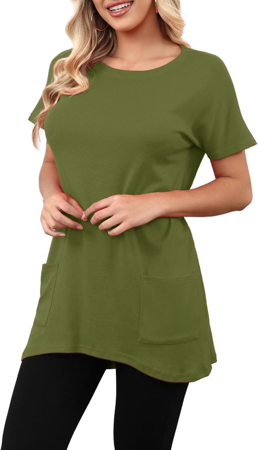 Aphratti Womens Short Sleeve Tunics or Tops to Wear with Leggings Casual Summer Long Shirts with Pockets